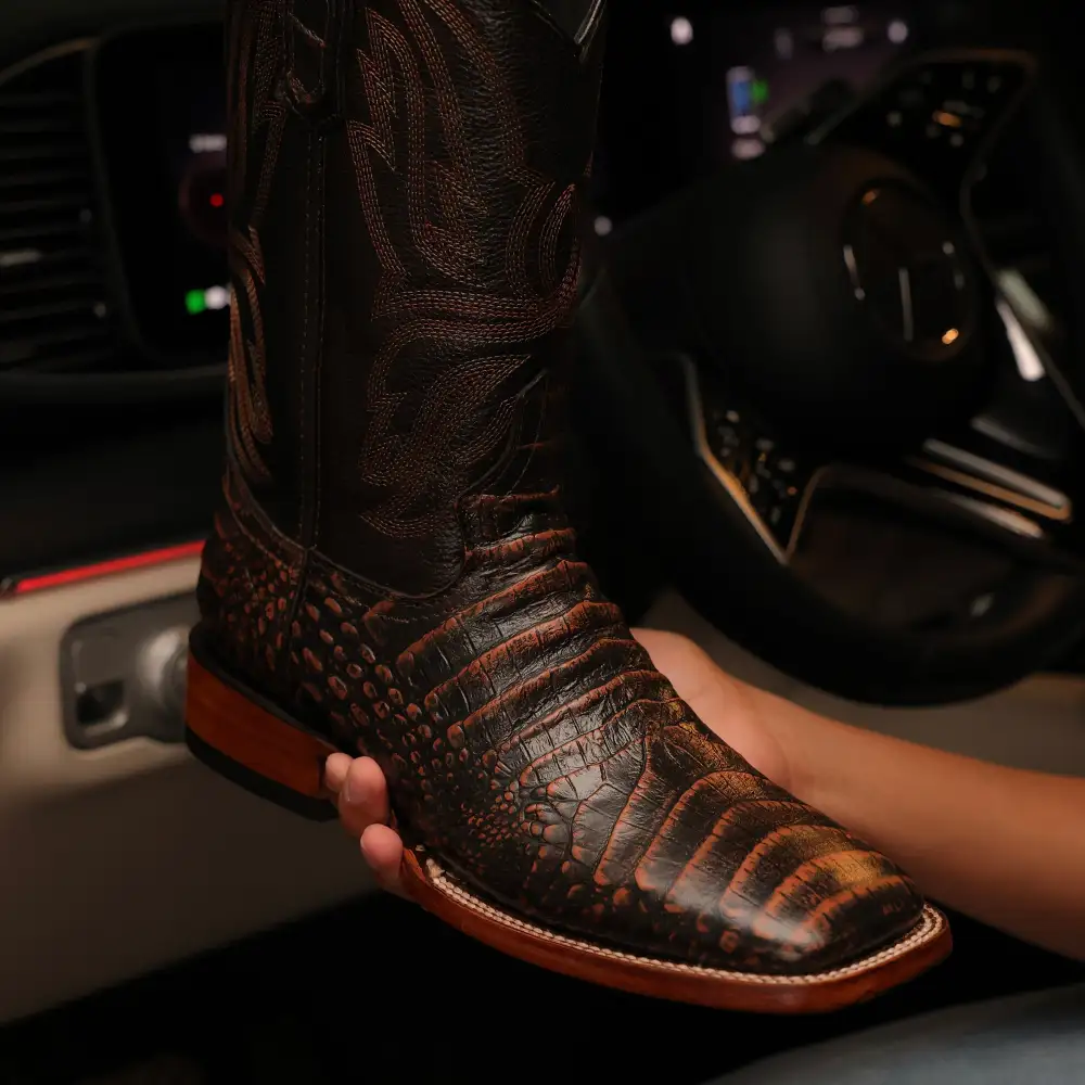 Copper Caiman Belly Leather Boots - Square Toe