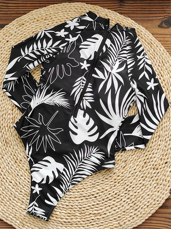 Long Sleeves Color-Block Floral Printed Zipper One-Piece Swimwear