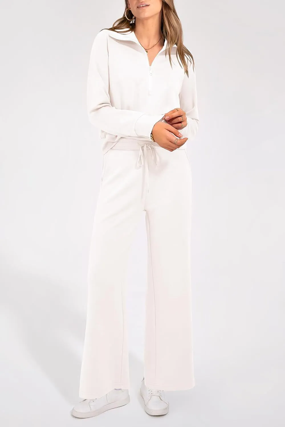 🔥Final Day Clearance!🛒Women's 2 Piece Outfits Casual Lapel Half Zip Sweatshirts And Wide Leg Pants Tracksuit Sets