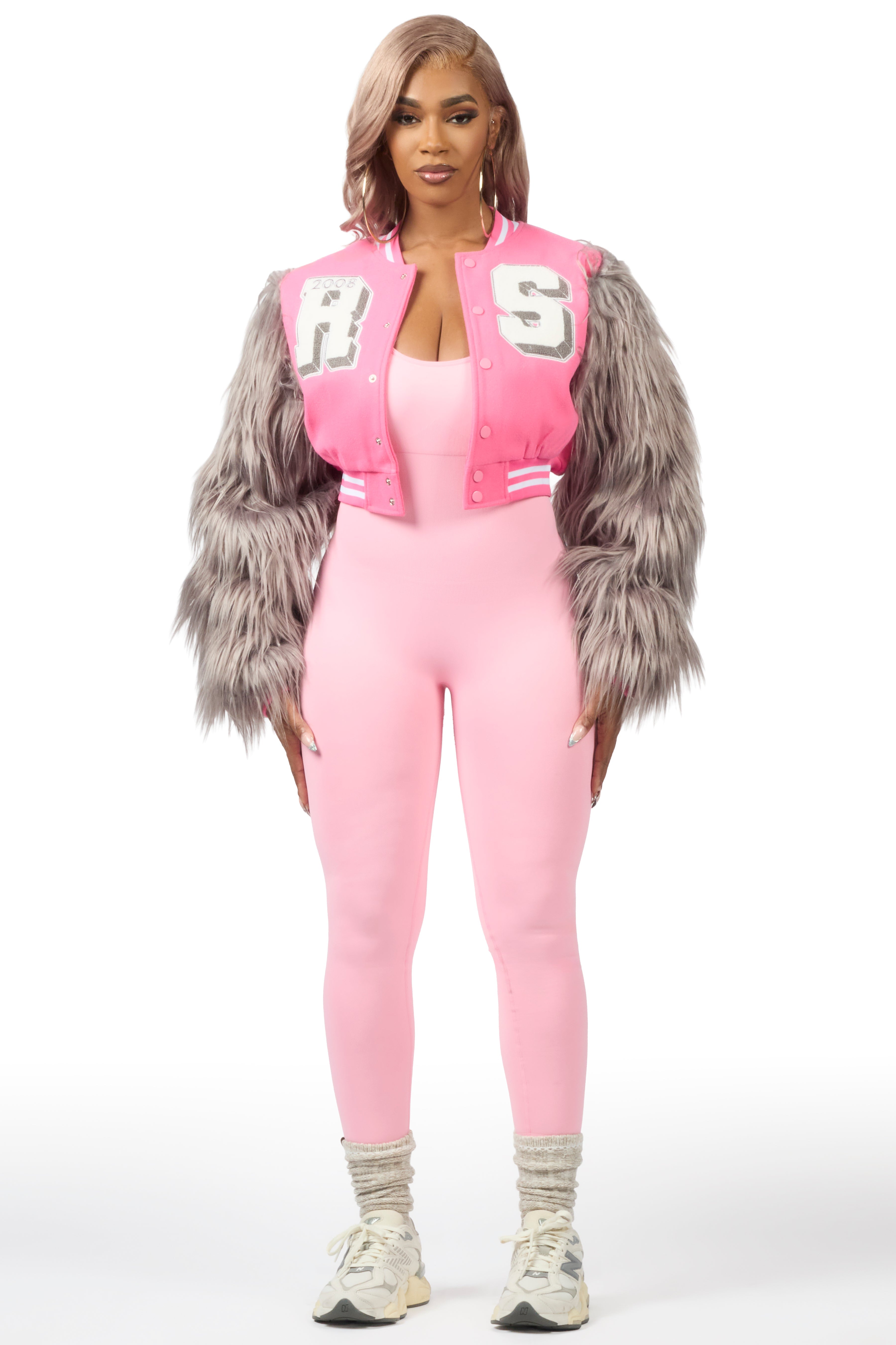 Jameicia Pink/Grey Fur Sleeve Varsity Jacket