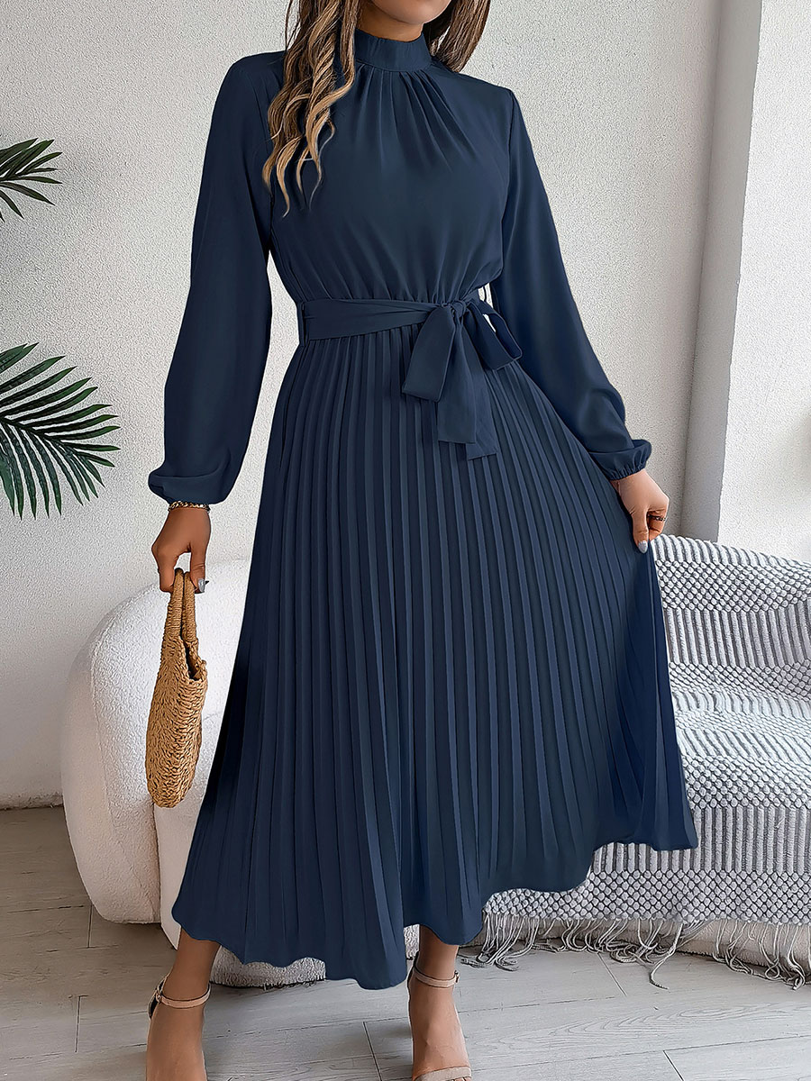 Women's Stand-up Collar Long-sleeved Lace Up Pleated Dress