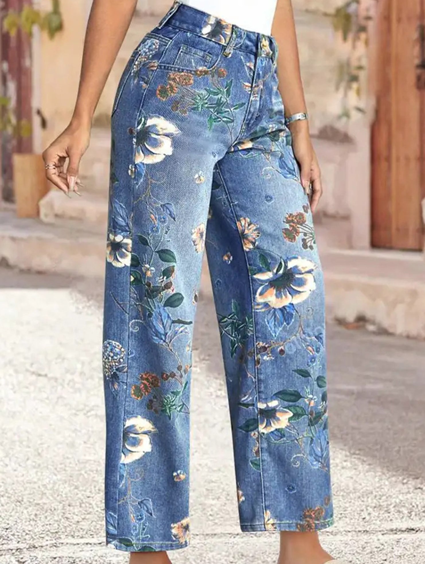 Floral pattern straight leg high-waisted jean_CWJP00876