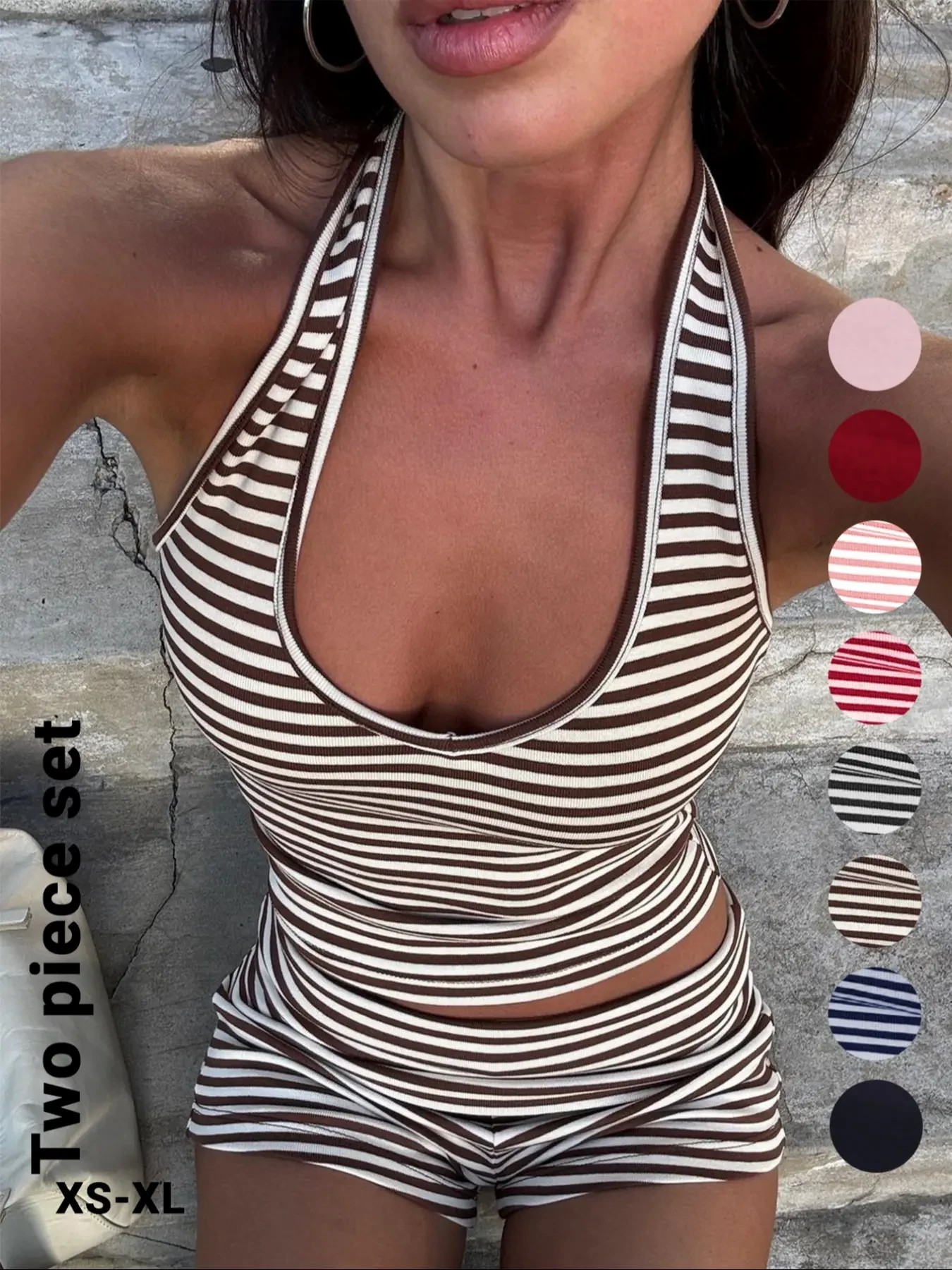 Women's Casual Striped Halter Neck Crop Top & Shorts Set, Summer Fitted Two-Piece, Regular Length, Moderate Fabric Thickness, Womenswear