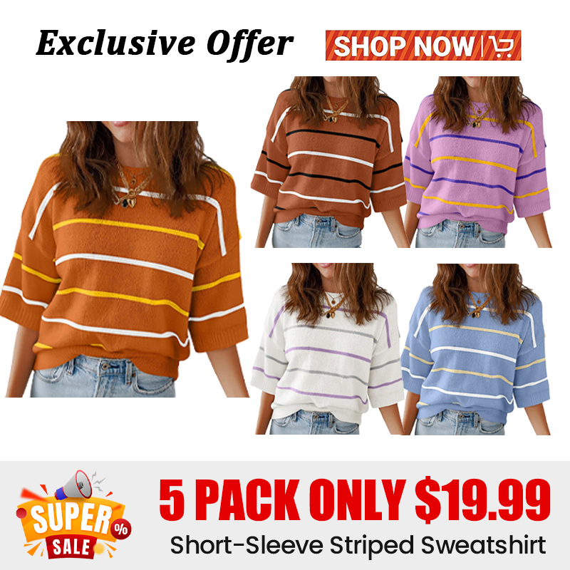 2026 Spring/Summer Women's Short Sleeve Striped Sweatshirt - Soft Breathable Fabric Crew Neck Pullover Top for Daily Wear