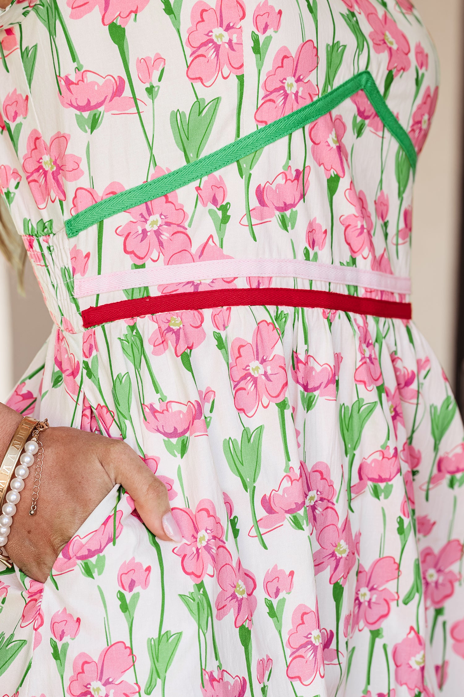 Pink Floral Print Contrast Trim V Neck Short Sleeve Elegant Midi Dress