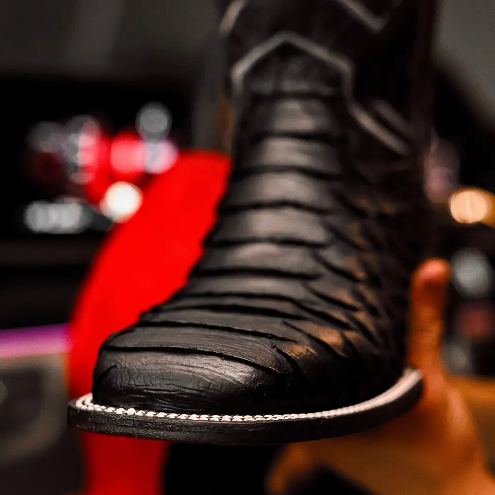 Matte Black Jumbo Python Leather Boots - Square Toe