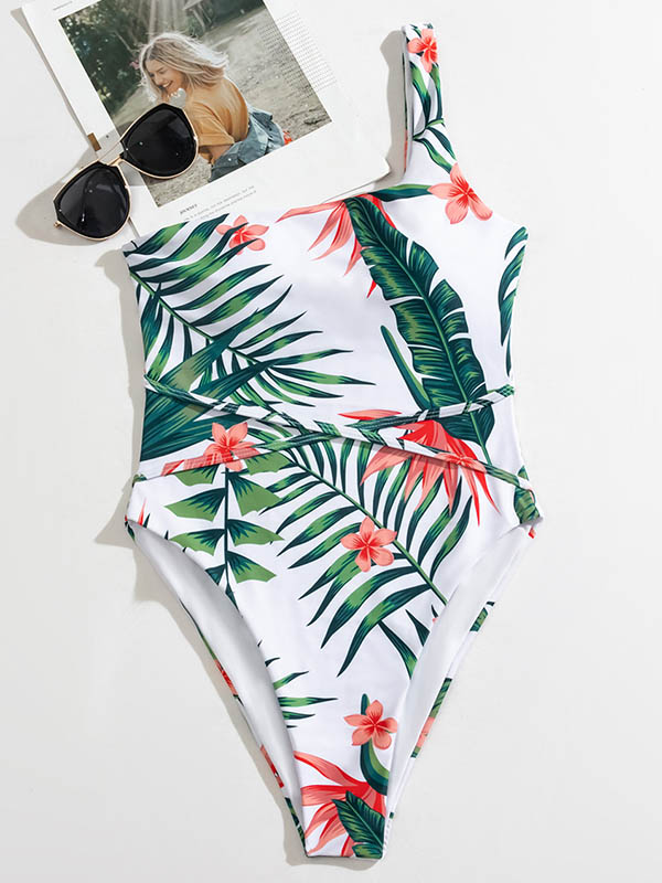 One-Shoulder Monstera Ceriman Bandage One-Piece Swimwear
