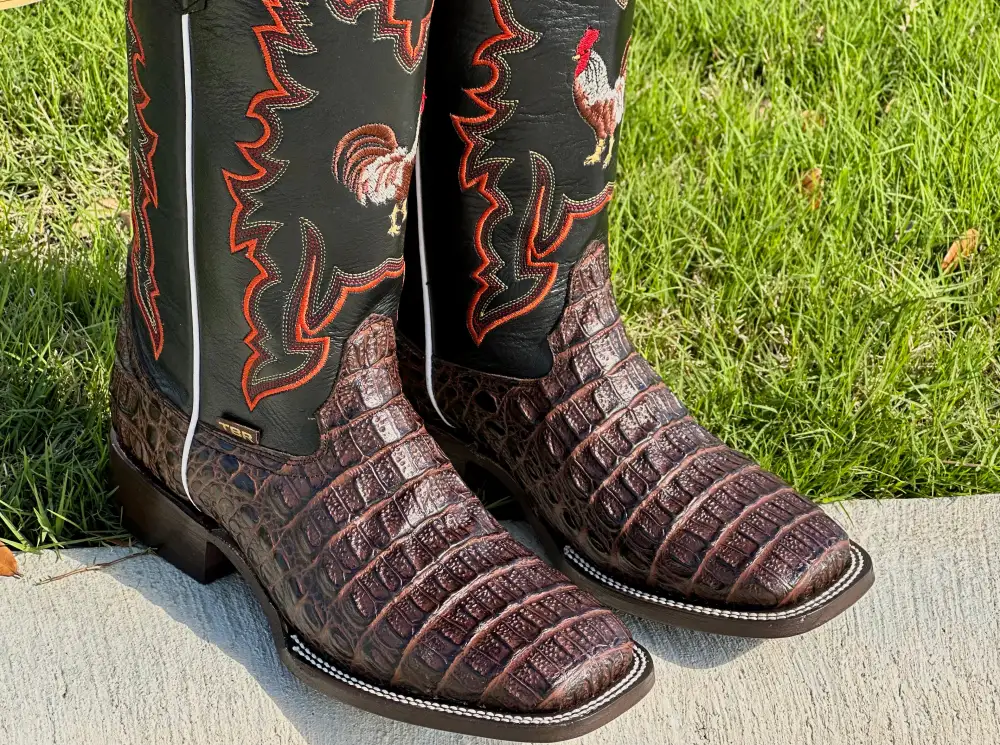 Mens Brown Crocodile Horn-Back Leather Boots With Black Shaft