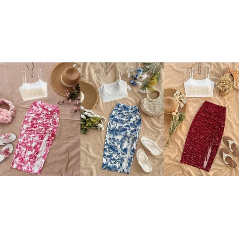 Women's Plain Cami Top & Ditsy Floral Print Ruched Drawstring Skirt