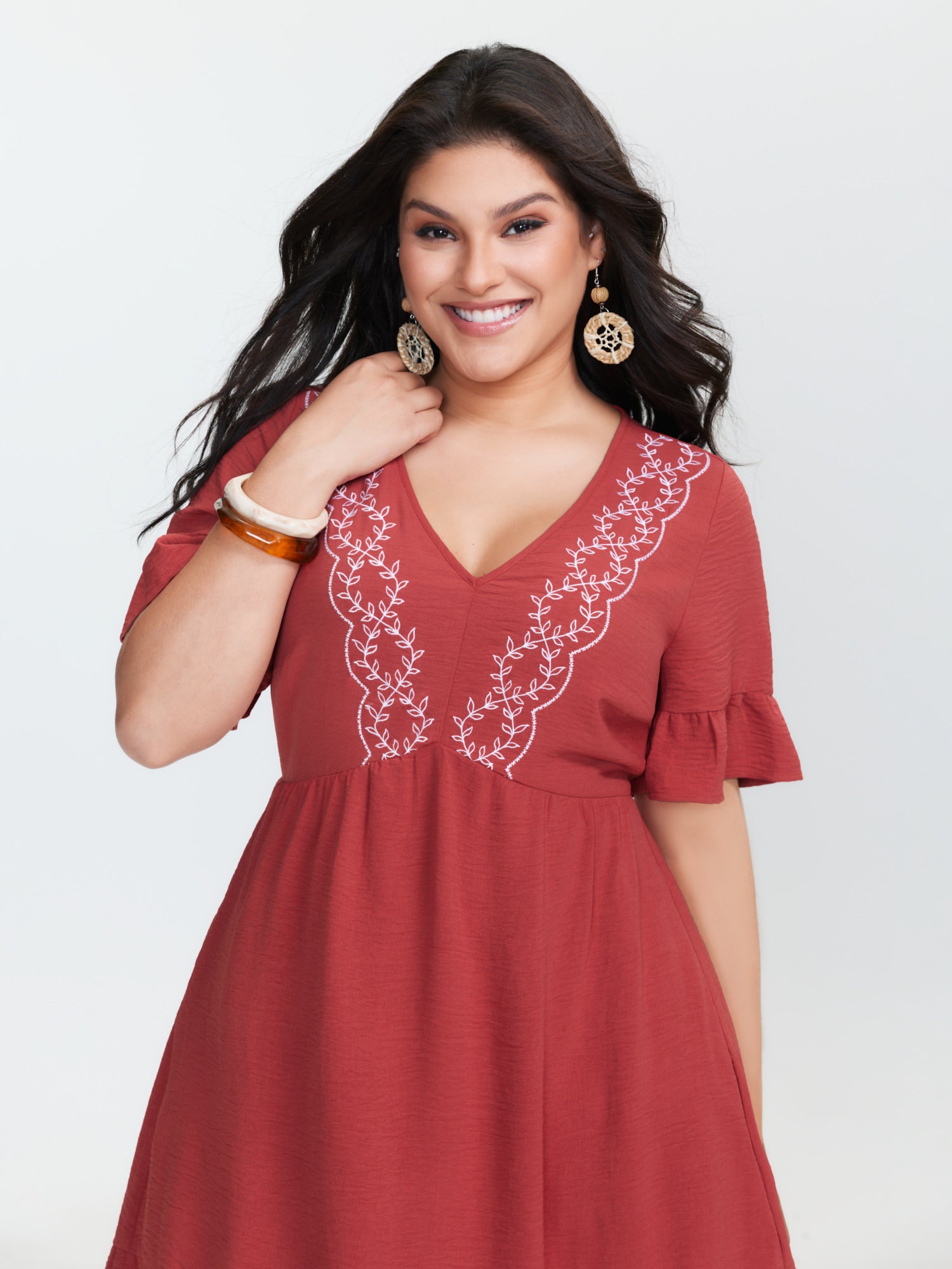 Floral Embroidery V-Neck Tiered Mini Dress