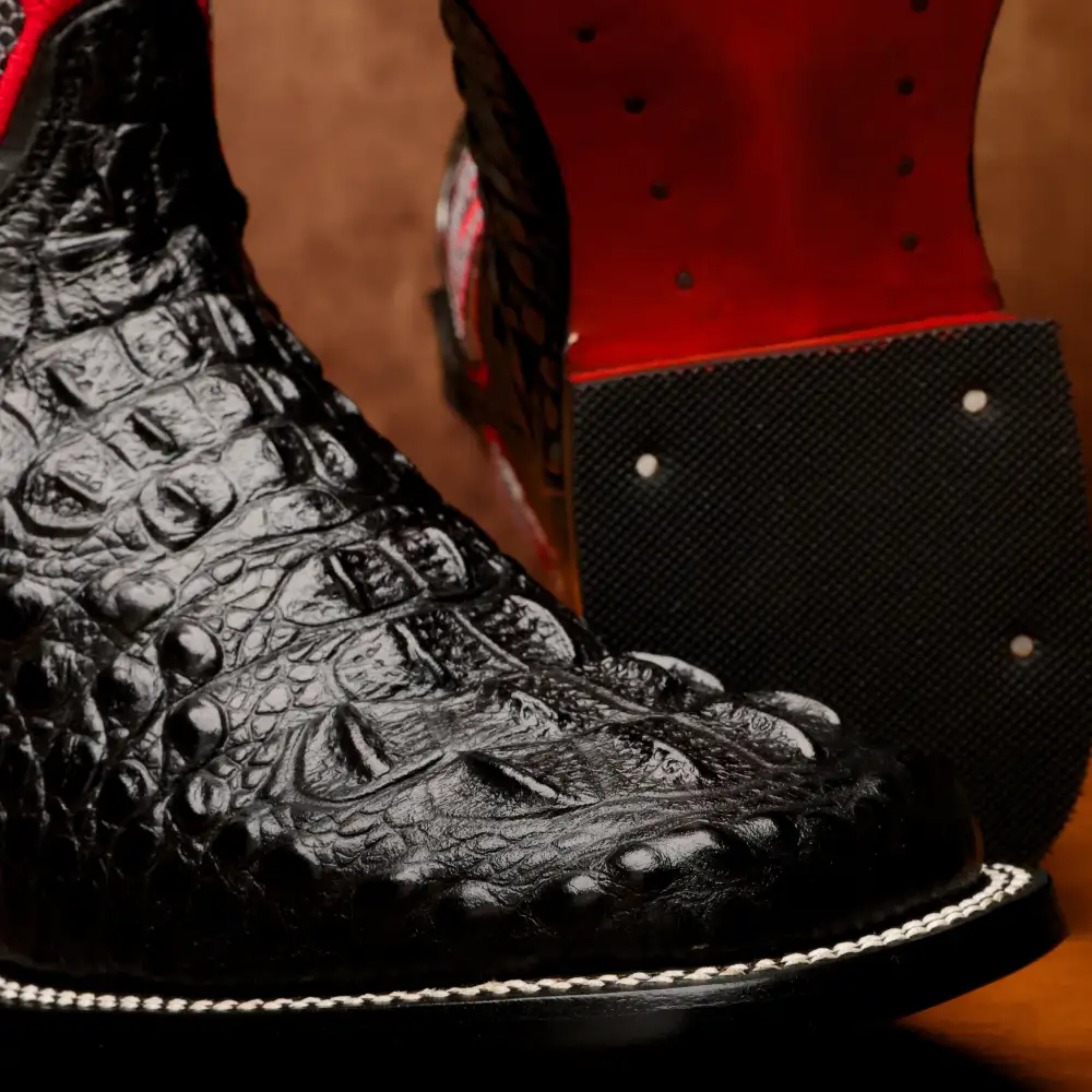Black Caiman Neck Leather Boots - Square Toe