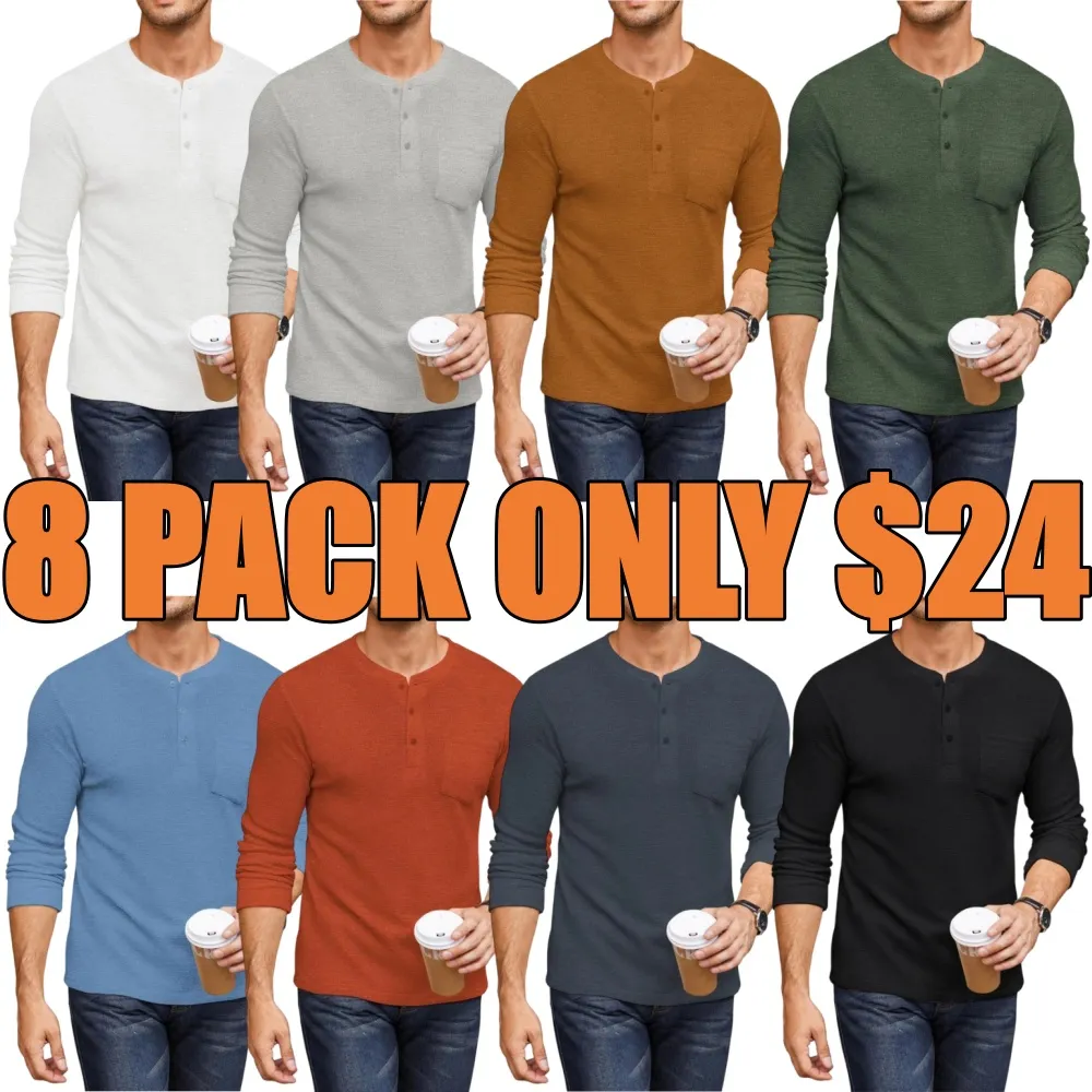 Men's Waffle Henley Long Sleeve Pocket Tee