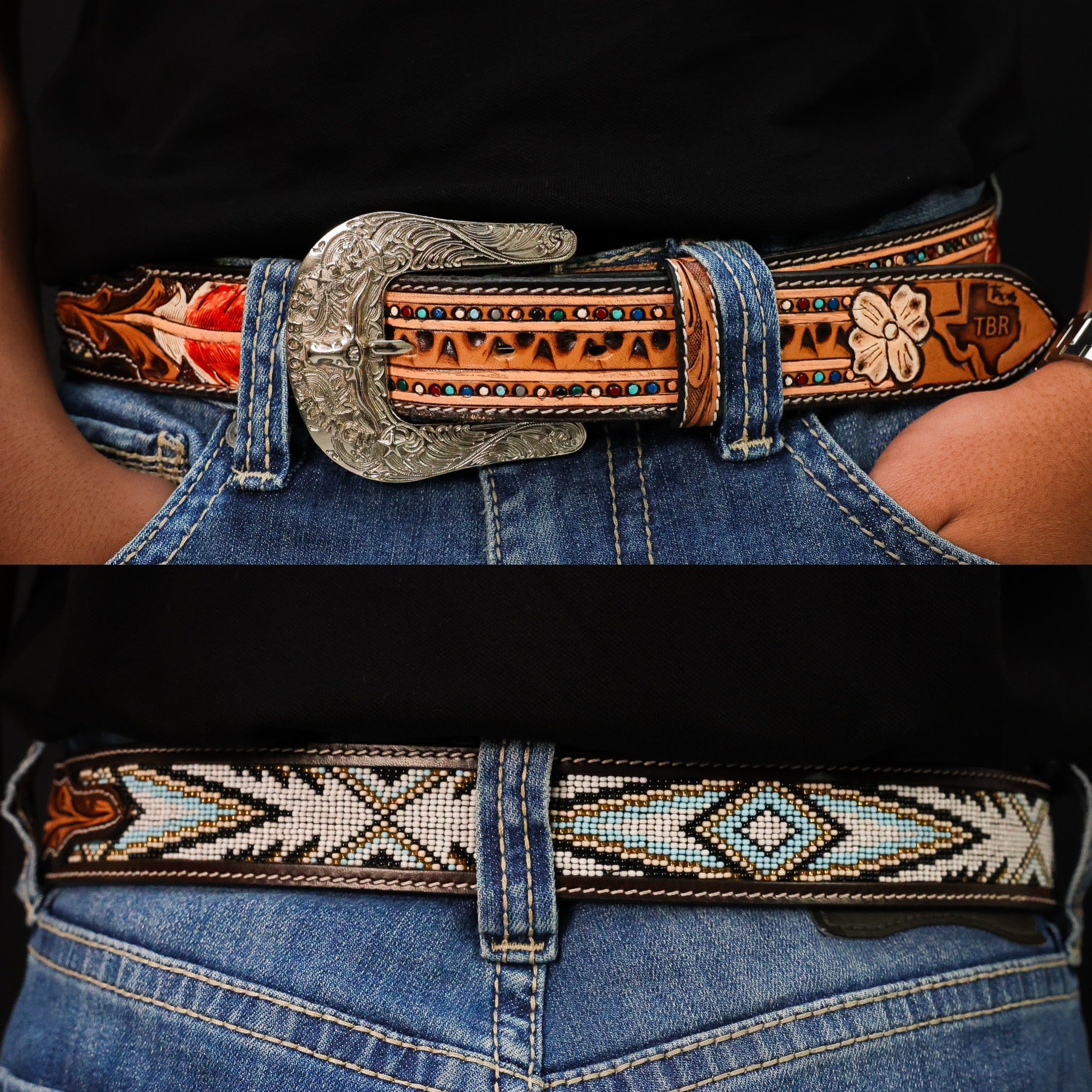 Hand-Tooled Artesanal Beaded Leather Belt