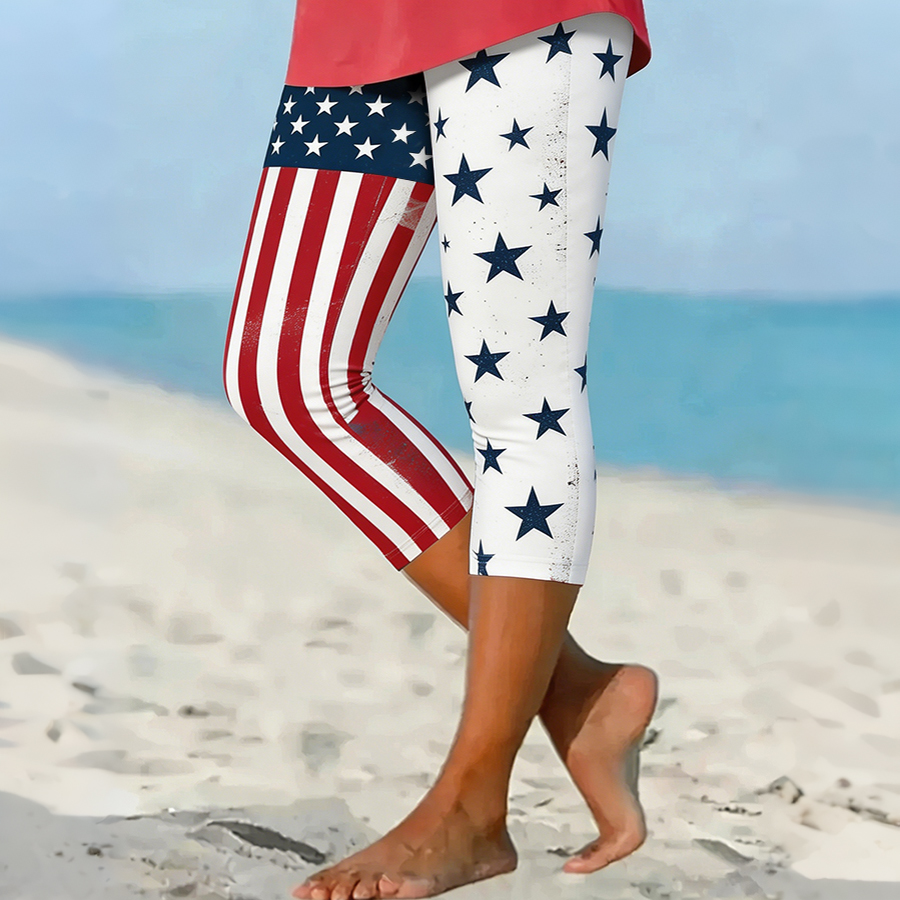 Women's Asymmetrical American Flag Print Capri Leggings