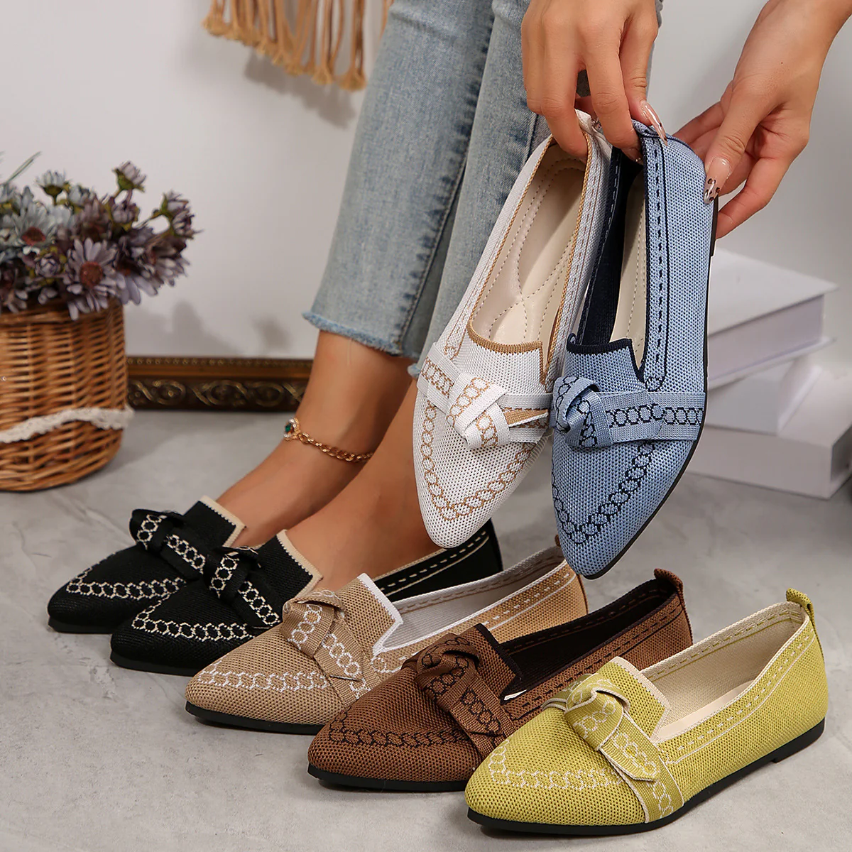 Knitted Slip-On Flats with Bow (multiple color options)