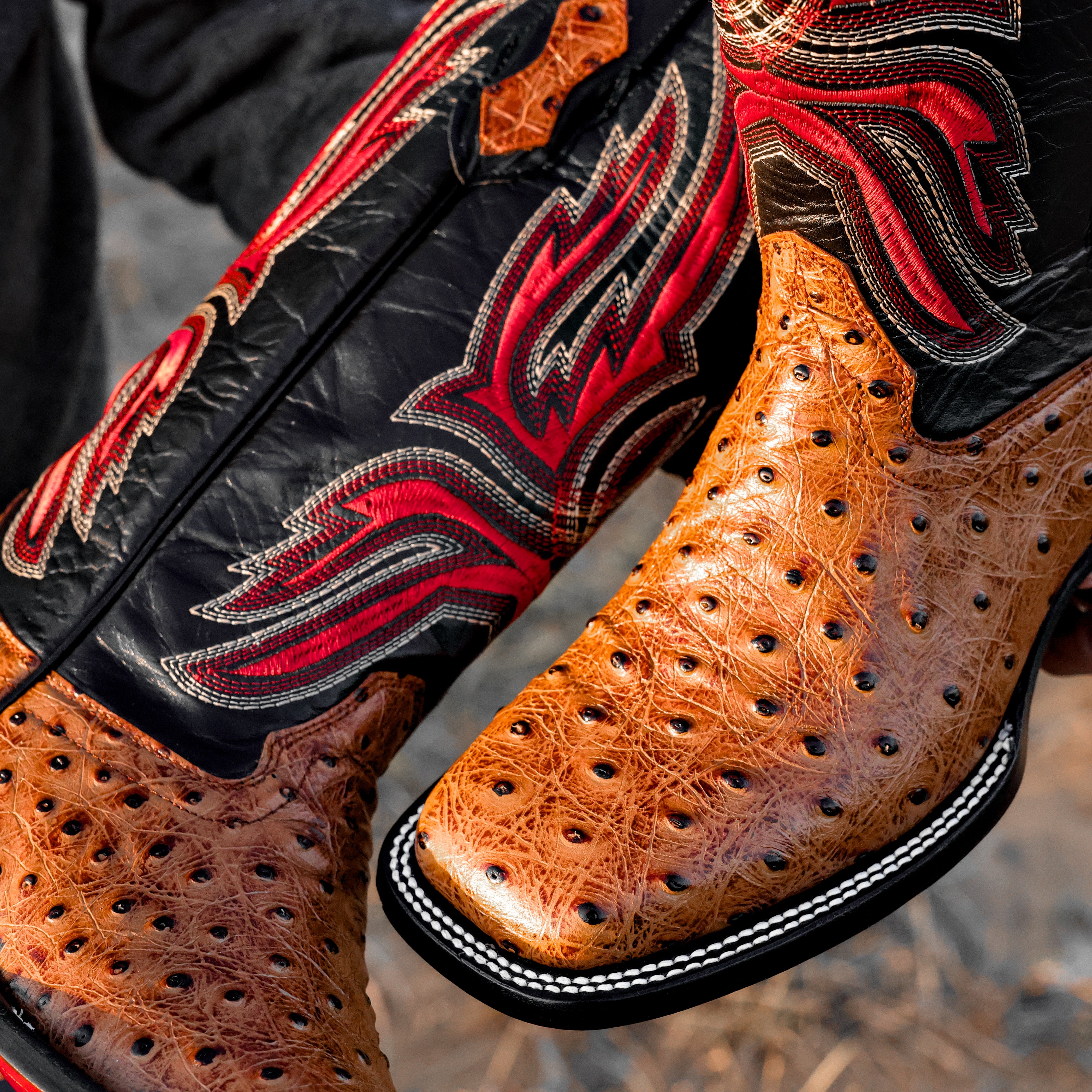 Distressed Cognac Ostrich Leather Boots - Square Toe