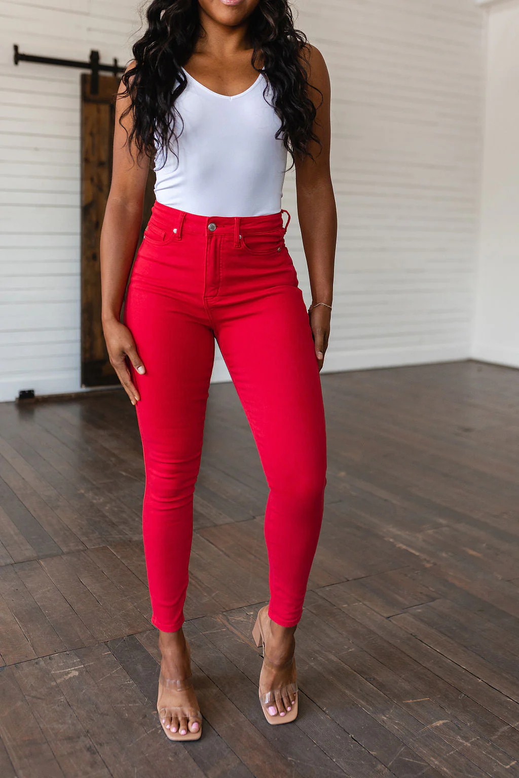 Blue Ruby High Rise Control Top Garment Dyed Skinny Jeans in Red
