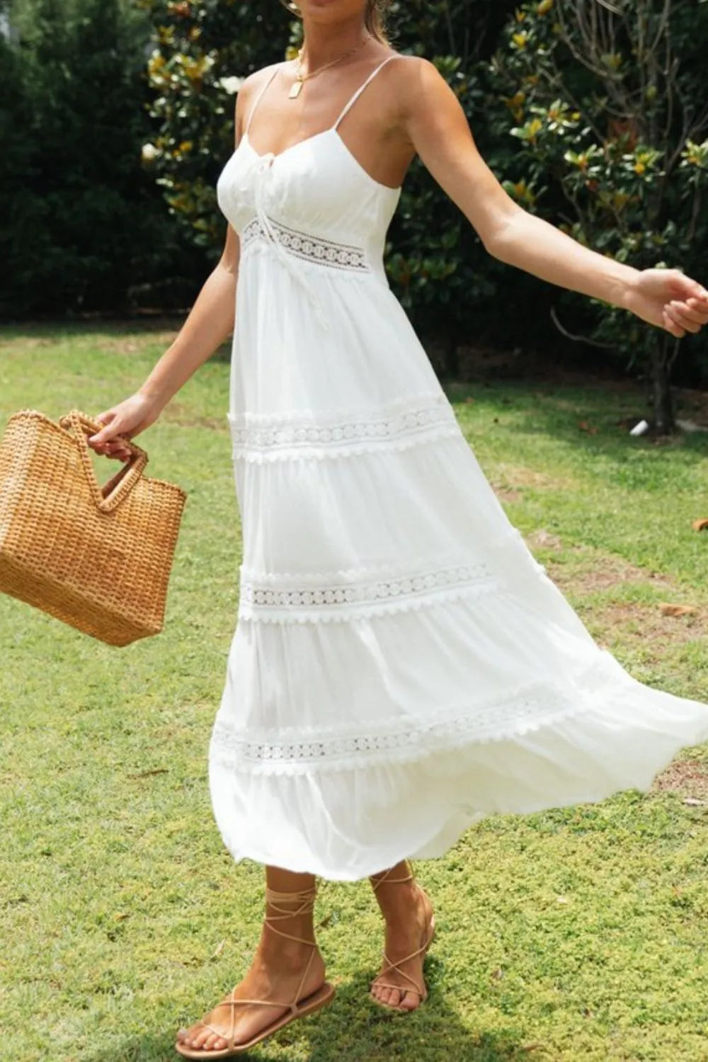 Lace Detail Smocked Midi Cami Dress