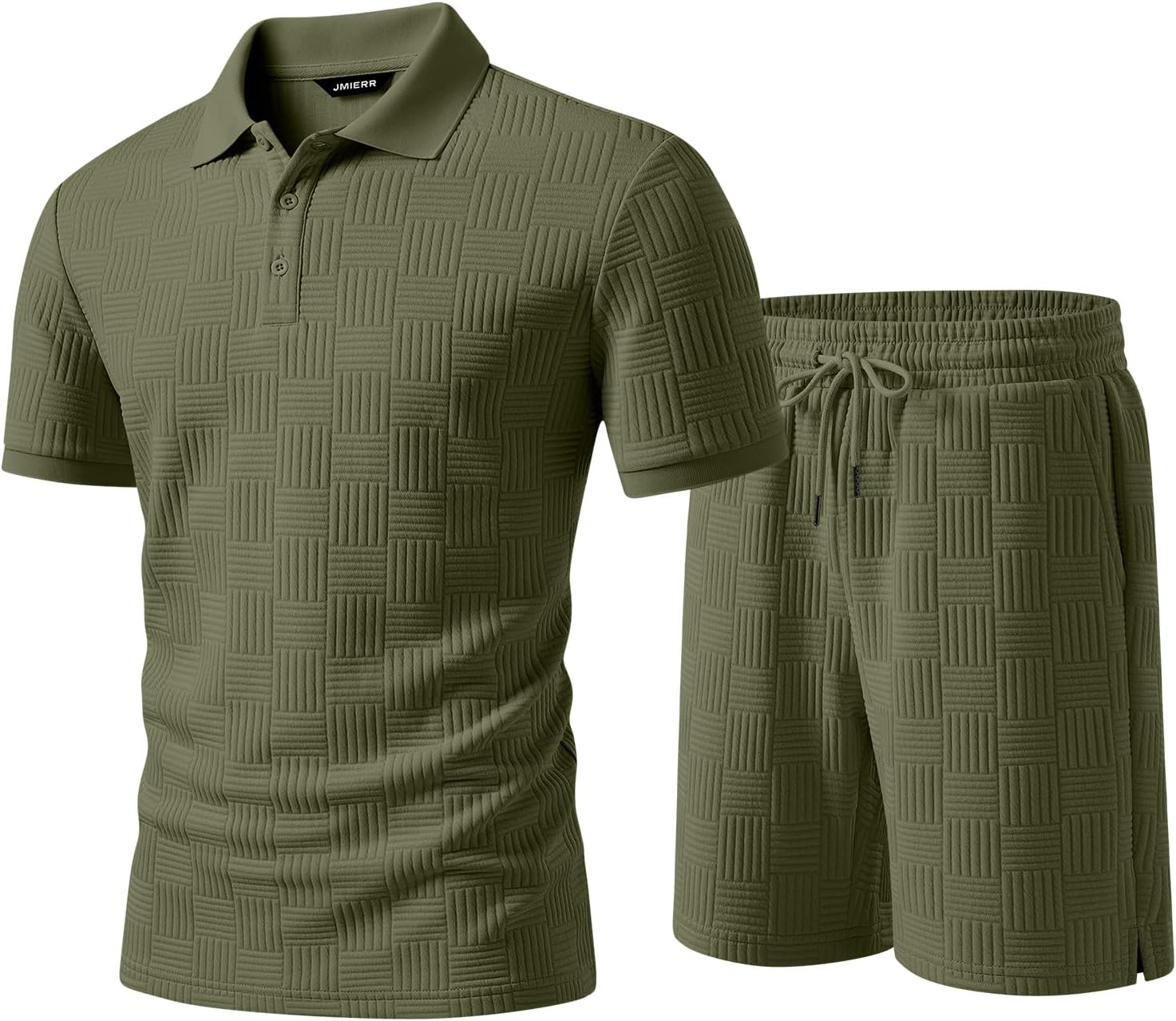 Mens Sweatsuits Sets Summer Tracksuits 2 Piece Outfits Textured Short Sleeve Golf Polo Drawstring Short