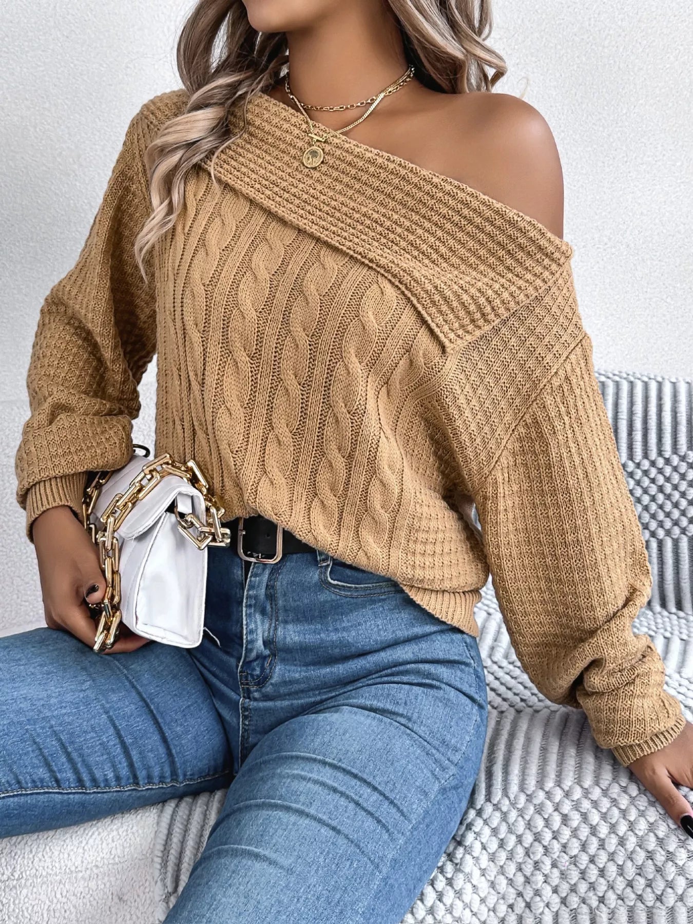 Off-Shoulder Cable Knit Sweater