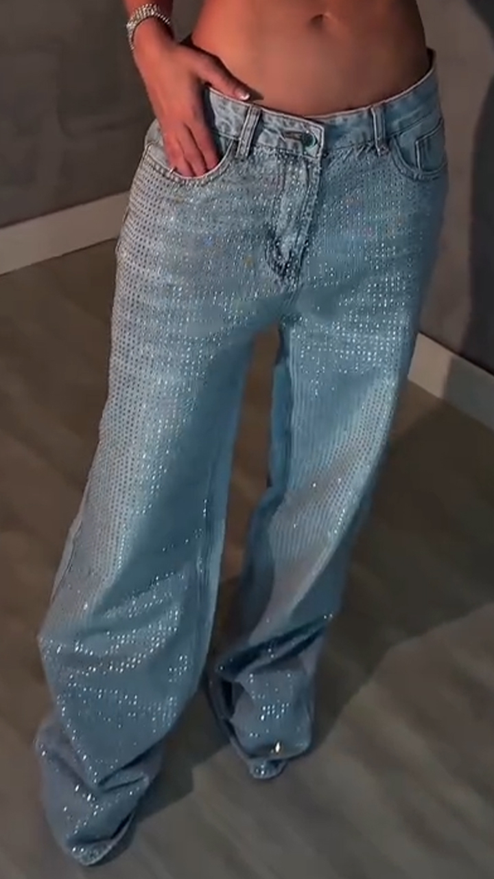 Women Rhinestone Washed Casual Jeans