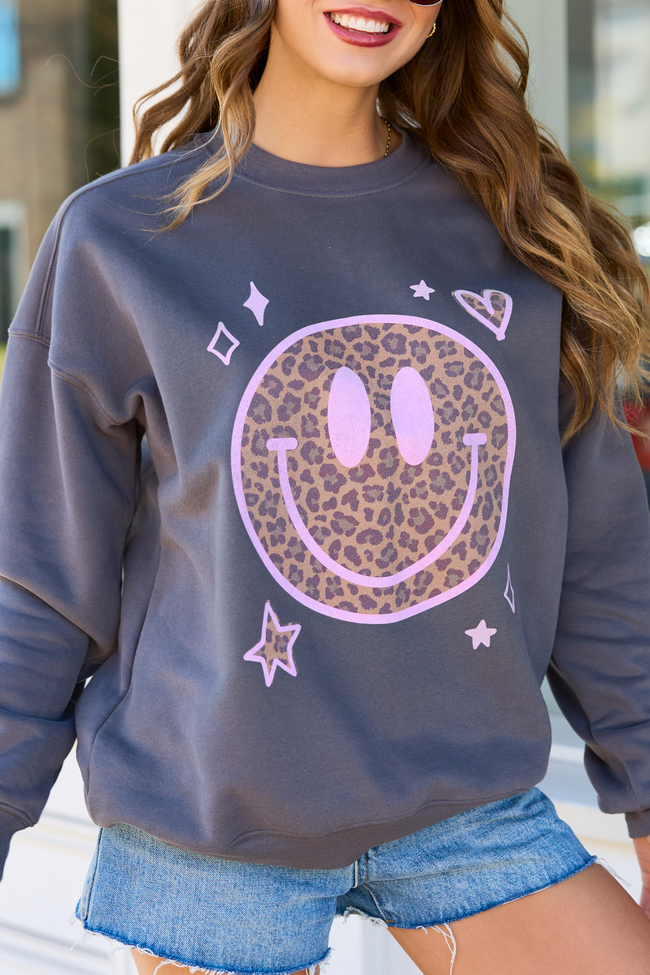 Leopard Smiley Face Dark Grey Graphic Sweatshirt