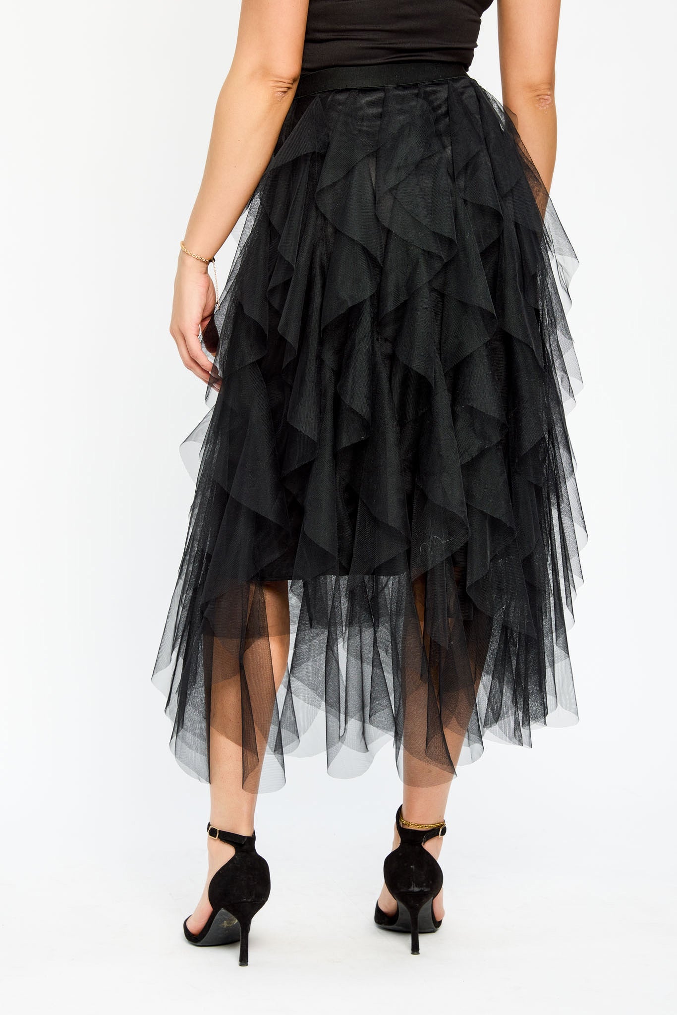 Ruffled Mesh Midi Skirt