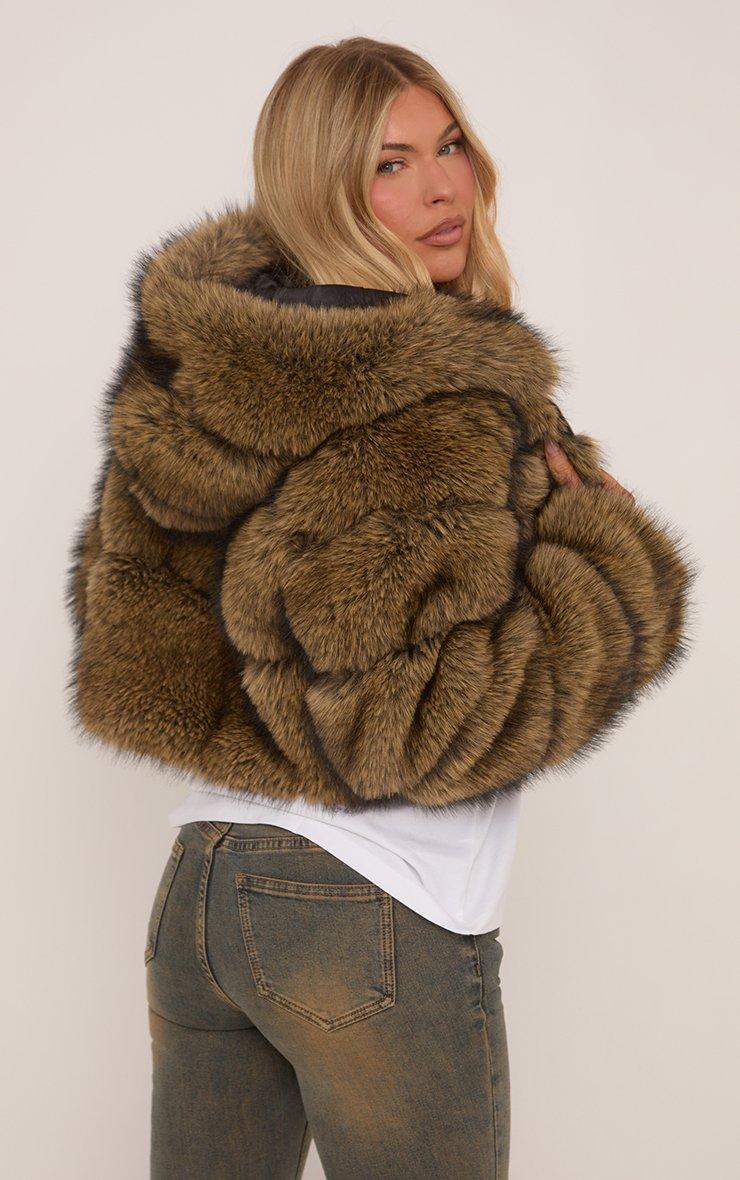 Hooded Cropped Puffer Coat In Brown Faux Fur