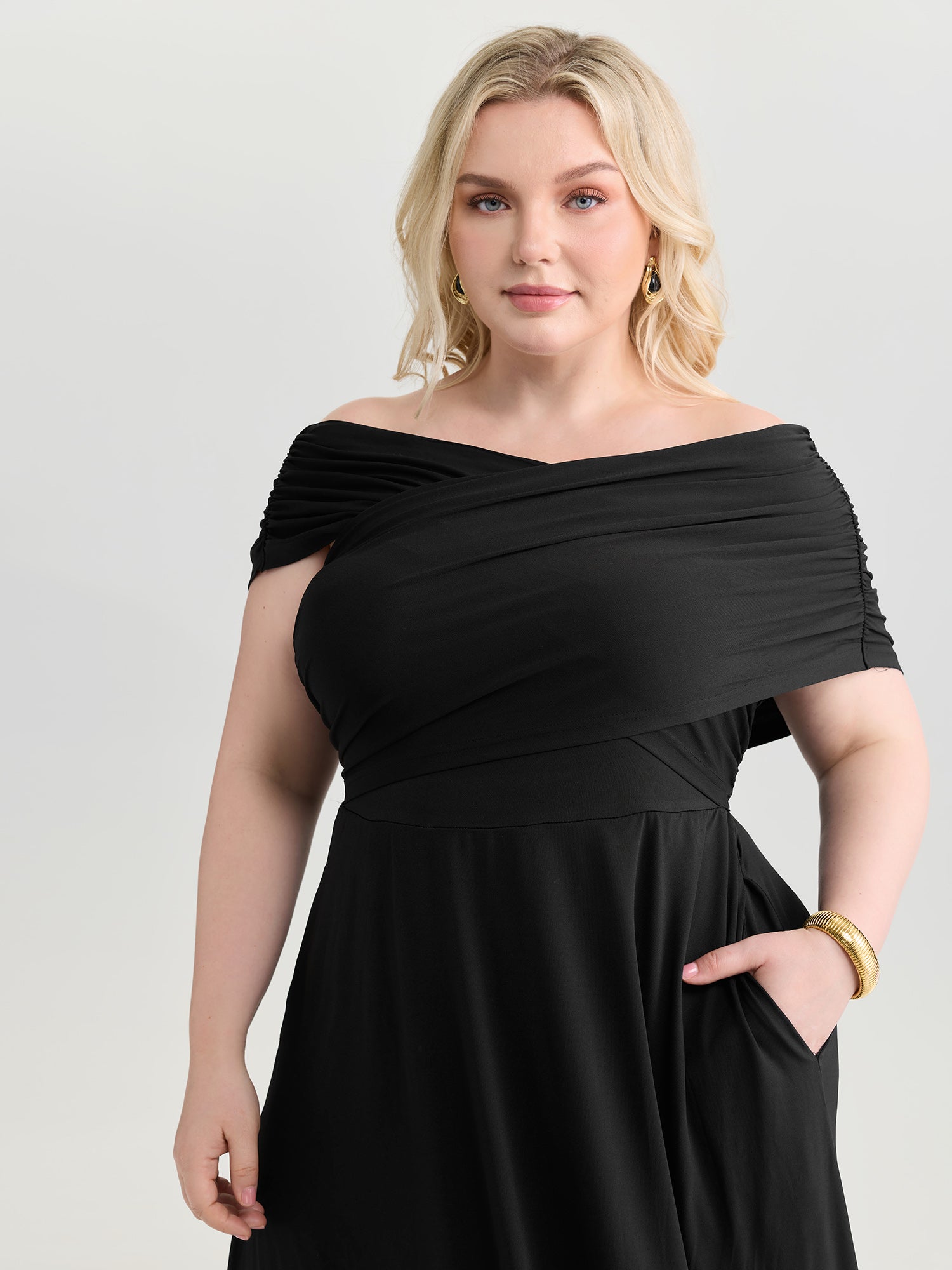 Ruched Overlap Bodice Fit And Flare Midi Dress