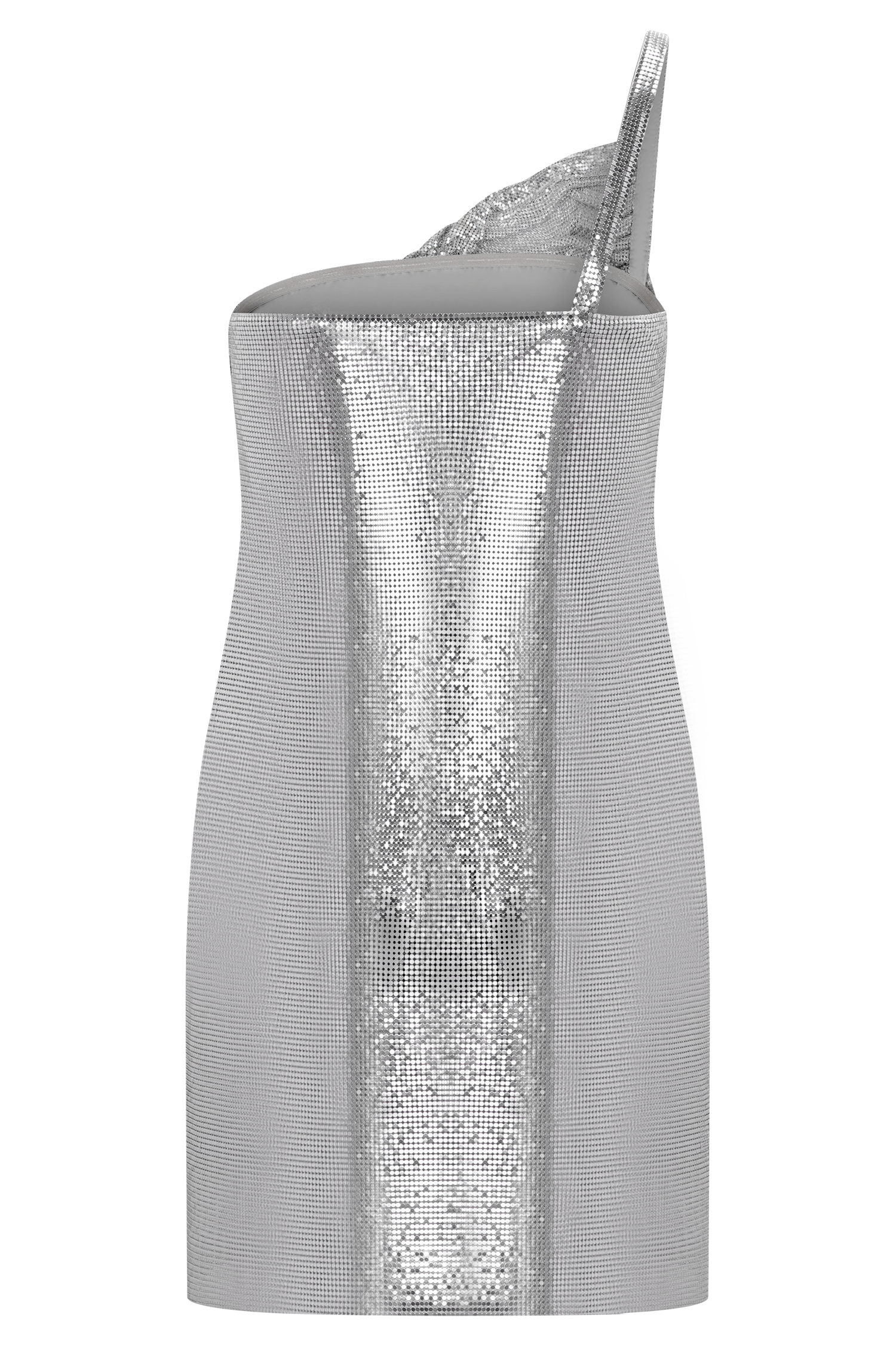 Silver One Shoulder Glow Mesh Mini Dress