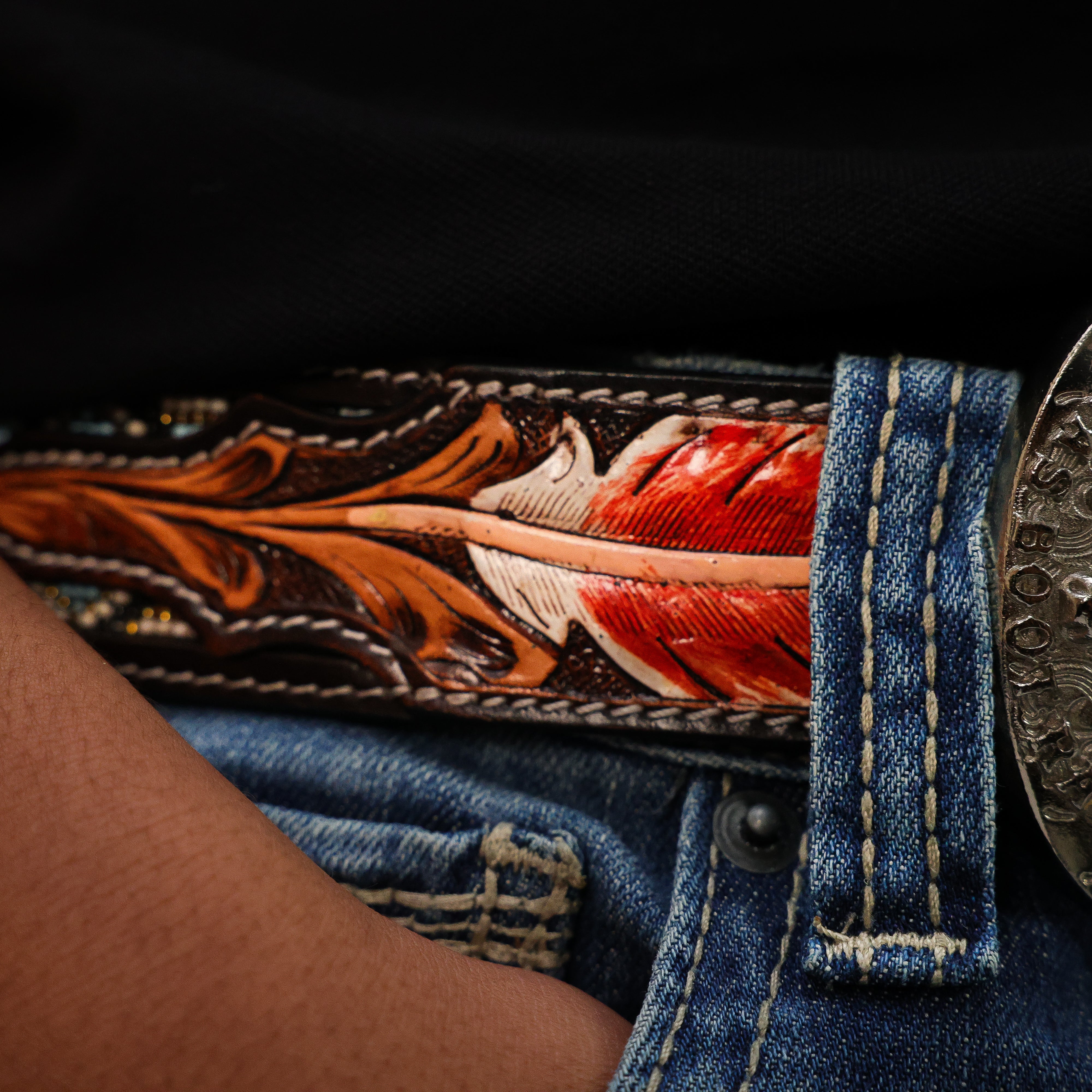 Hand-Tooled Artesanal Beaded Leather Belt