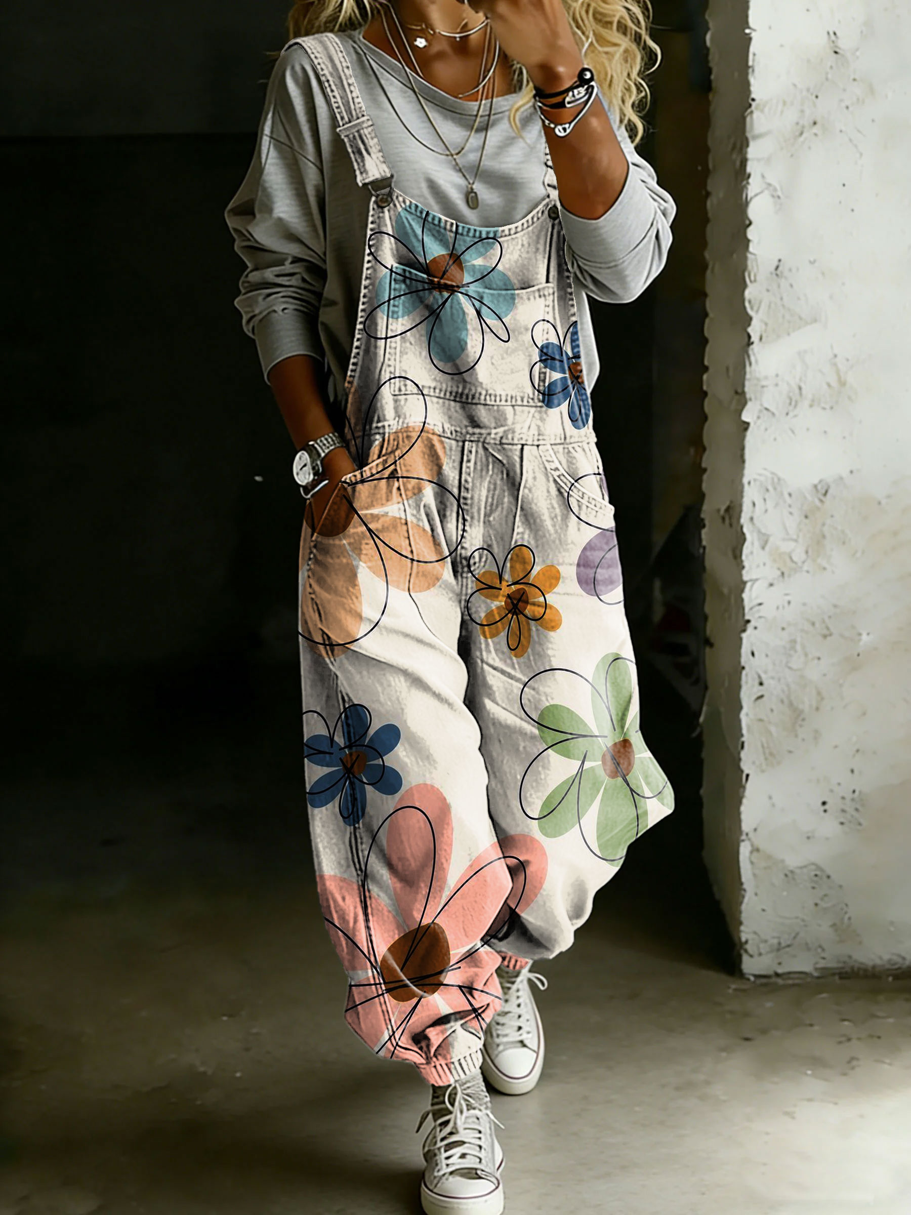 Women’s Vintage Flower Print Casual One Piece Denim Jumpsuit