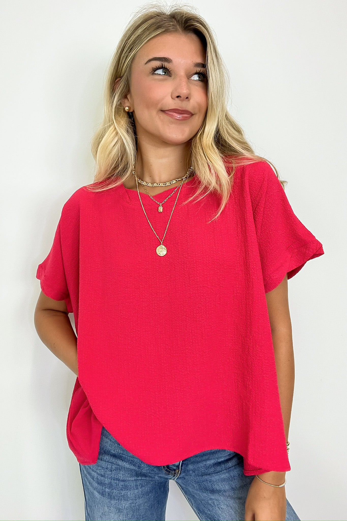 Woven Round Neck Flowy Top