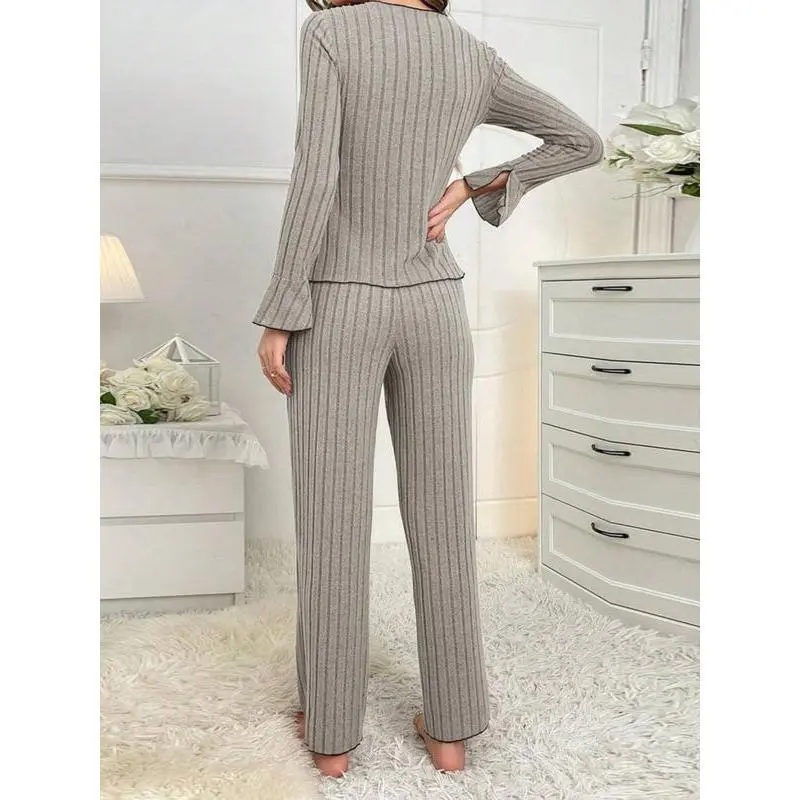 Women's Solid Lettuce Trim Top & Pants Loungewear Two-Piece Set