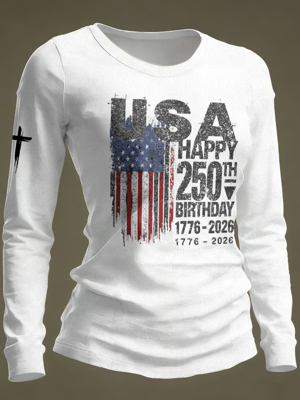 Ladies' Leisure 250Th Anniversary National Day Celebration Round Neck Long Sleeve T-Shirt