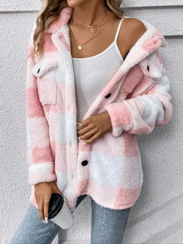Women's Plaid Print Button Front Fuzzy Coat Plaid Jacket, Casual Drop Shoulder Long Sleeve Collared Outerwear for Fall & Winter, Ladies Clothes for Daily Wear