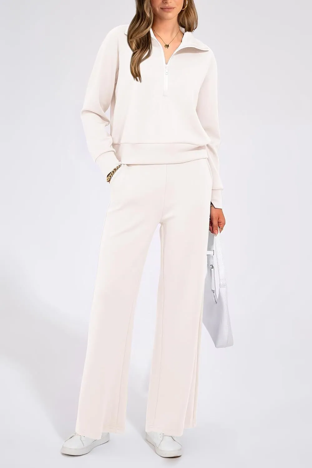 🔥Final Day Clearance!🛒Women's 2 Piece Outfits Casual Lapel Half Zip Sweatshirts And Wide Leg Pants Tracksuit Sets