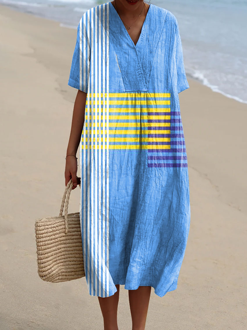 Women's Colorful Abstract Geometric Stripes Art Print Casual Cotton And Linen 3/4 Sleeve Shirt