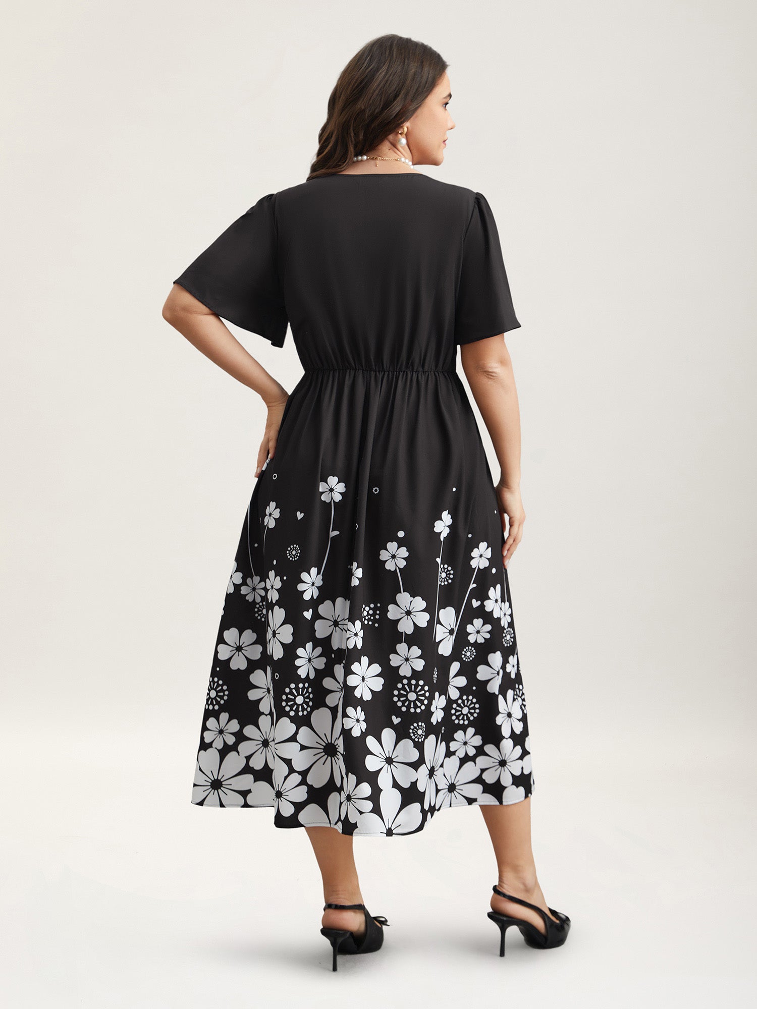 V-Neck Floral Print Flared Sleeve Dress