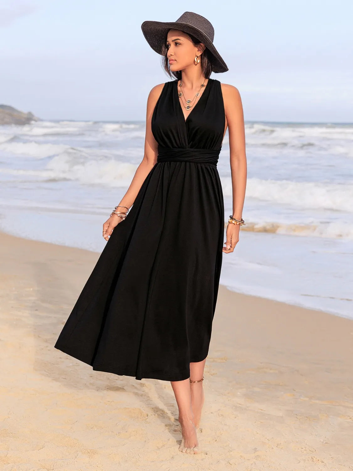 Surplice Sleeveless Ruched Midi Dress