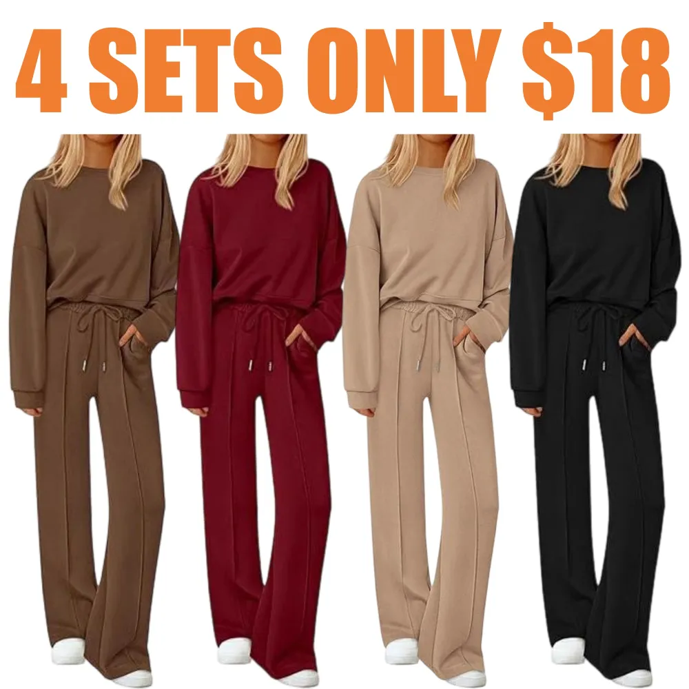 Women Fall Trendy Long Sleeve Sweatshirt Wide Leg Pants