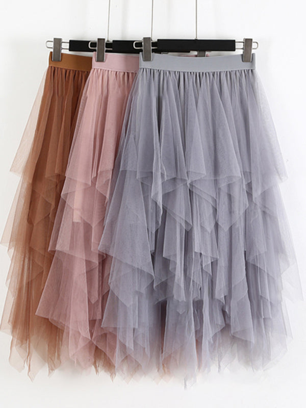 Fairy Mesh Splicing Solid Color High Waist Midi Skirt