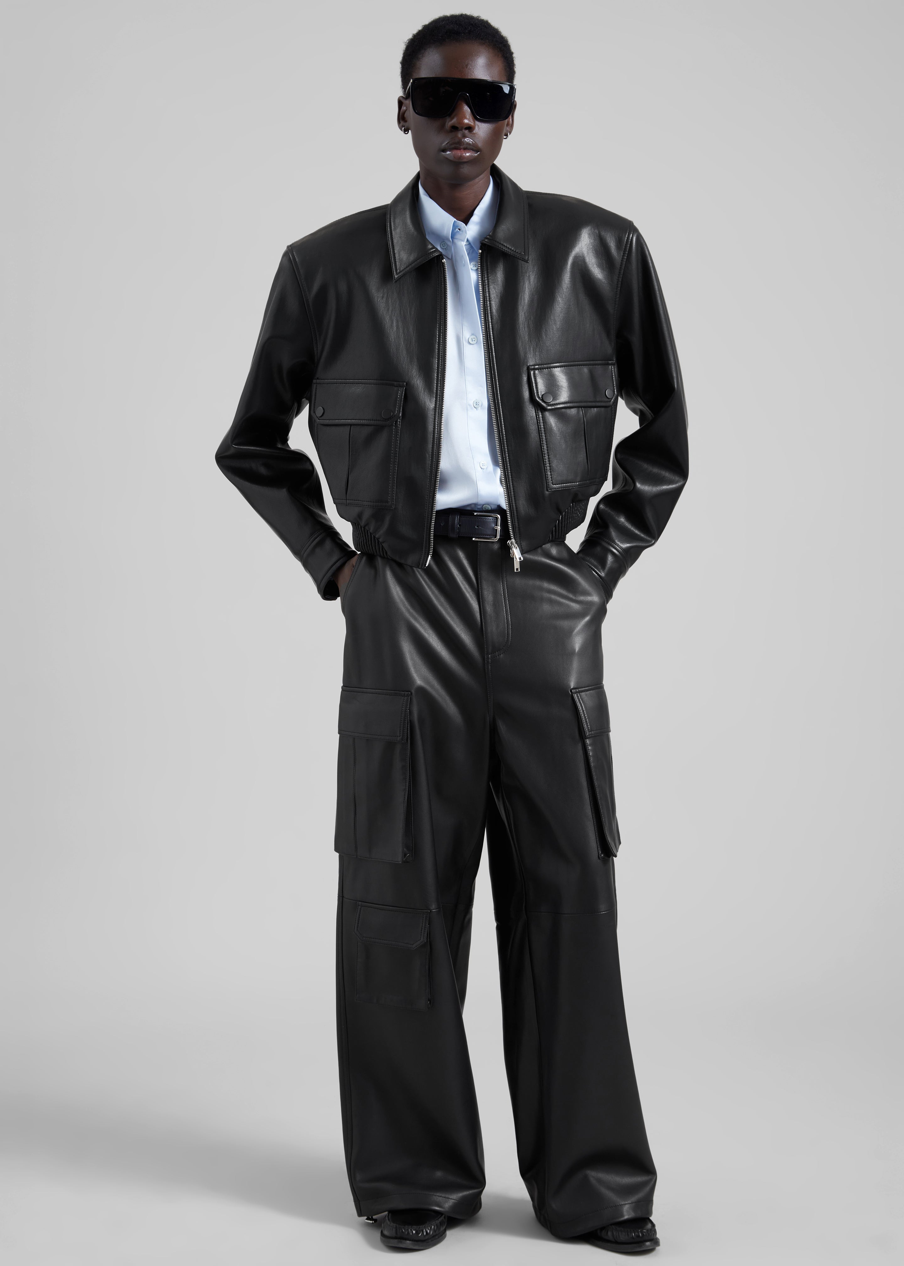 Denain Faux Leather Cropped Bomber Jacket - Black