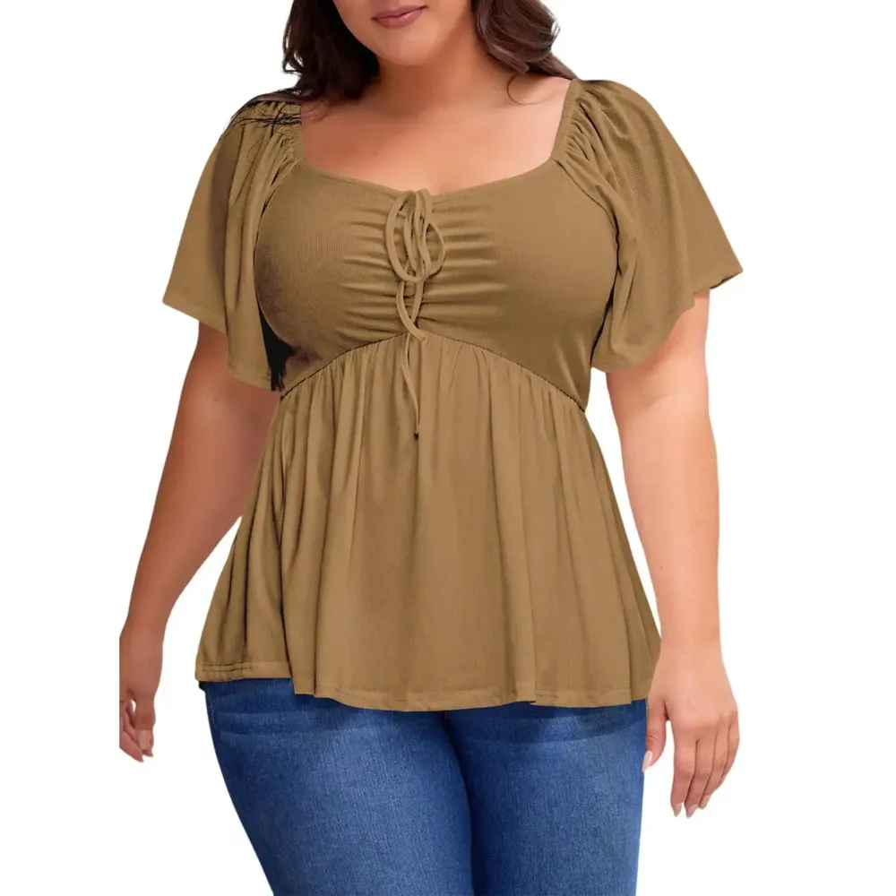 Women Plus Size Sweetheart Neck Short Sleeve Shirred Peplum Blouse Tops Shirts