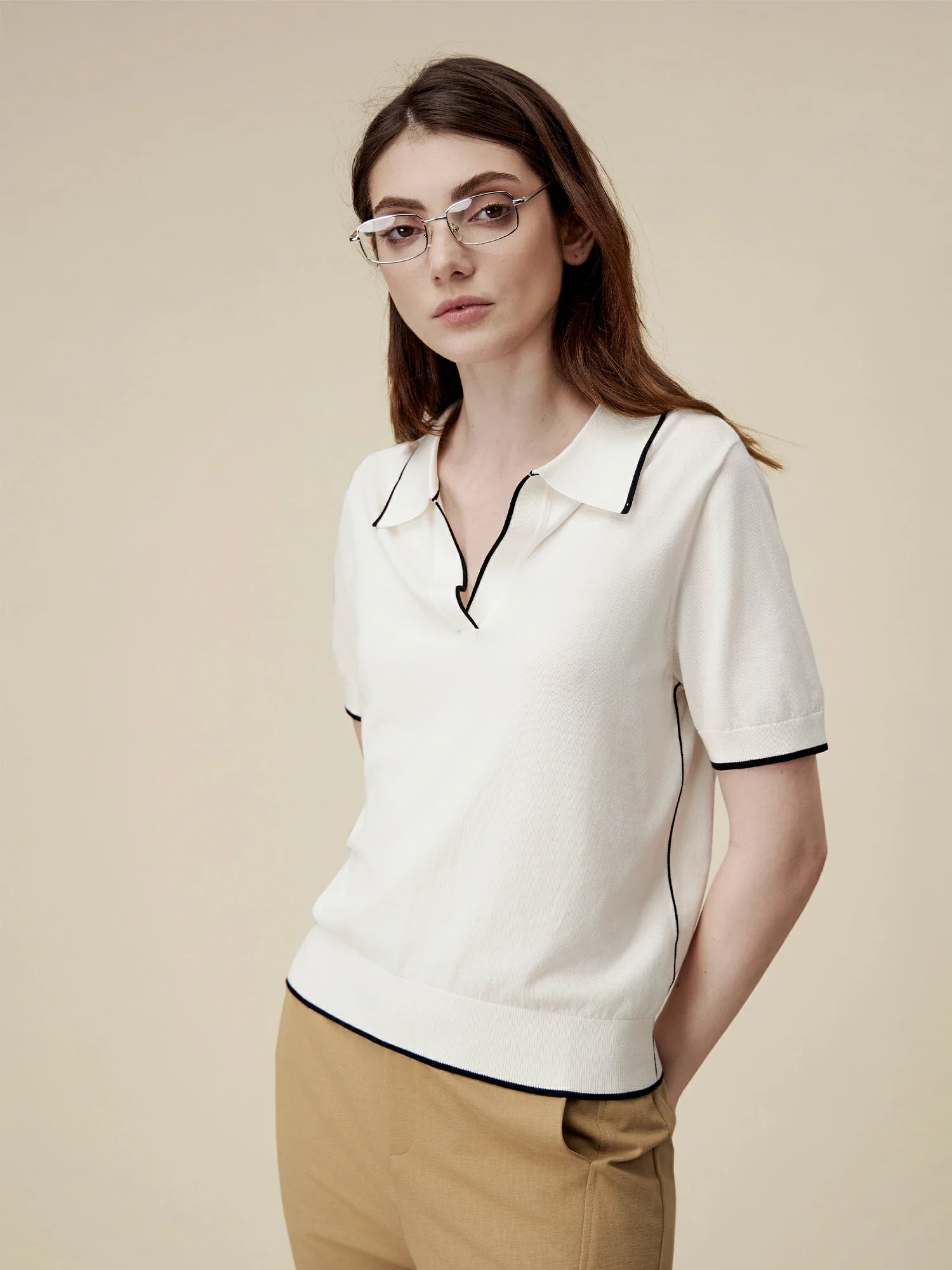 Lyocell Contrast Knit Blouse Top