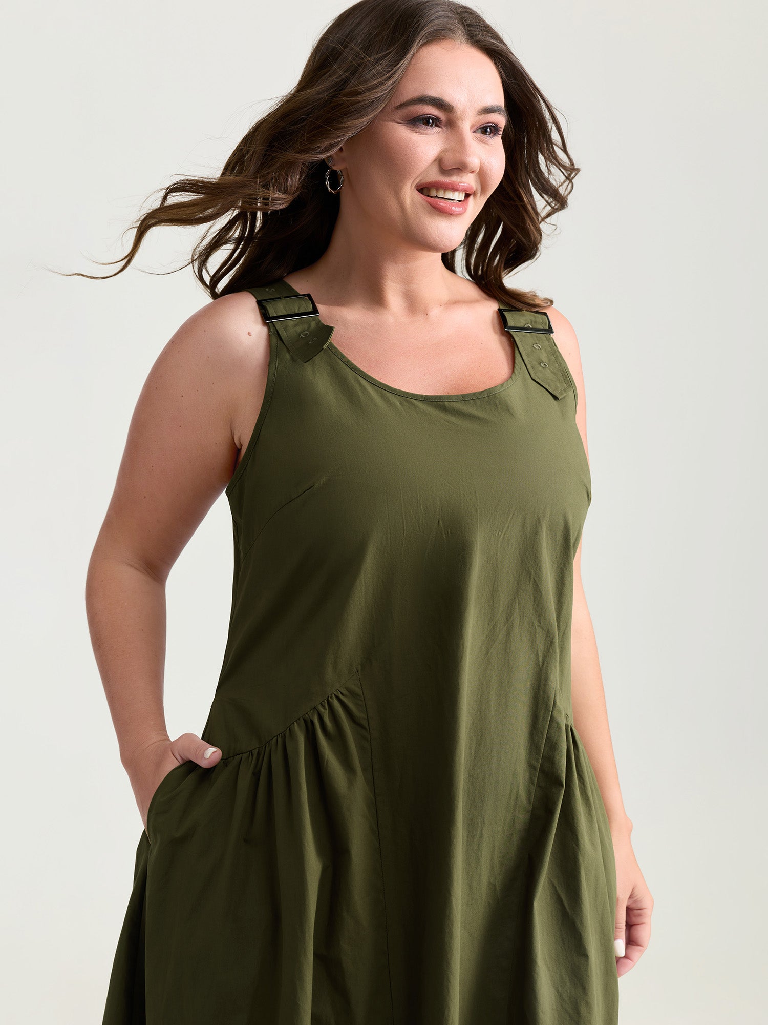 Pure Cotton Pleated Drop Waist Overall Midi Dress