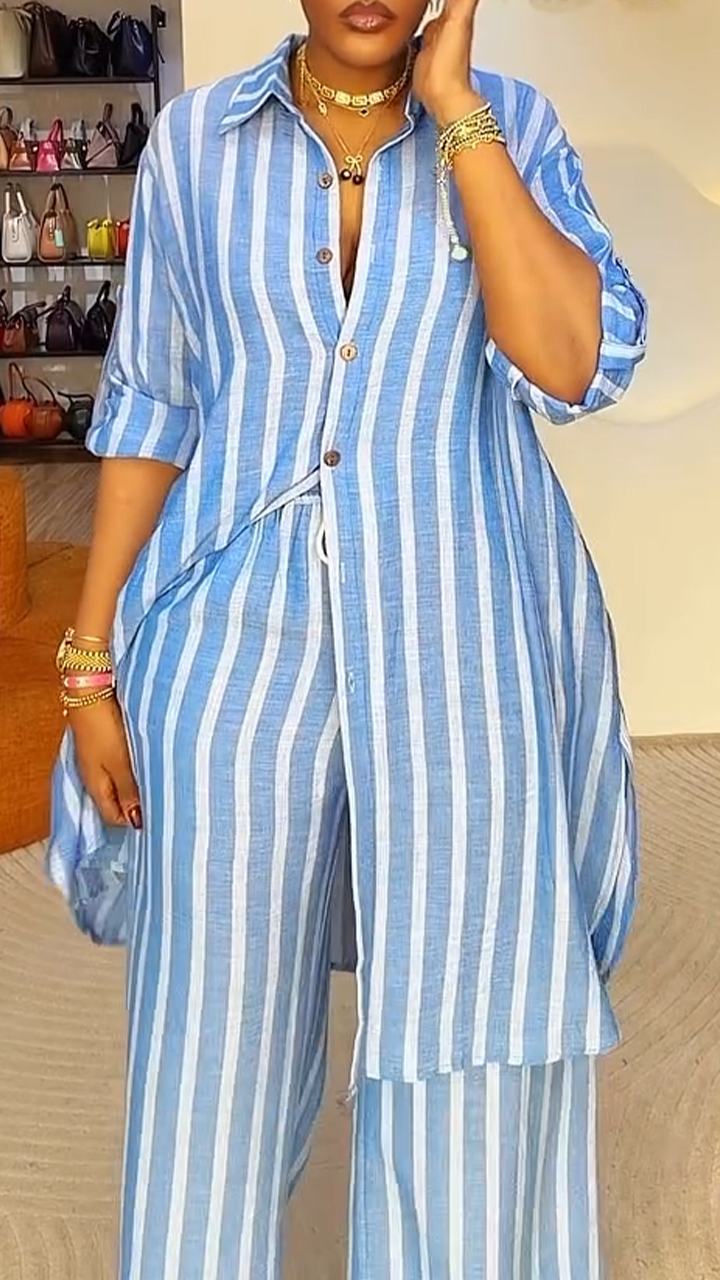 Women Collar Vertical Stripe Top+ Pants Casual Suit