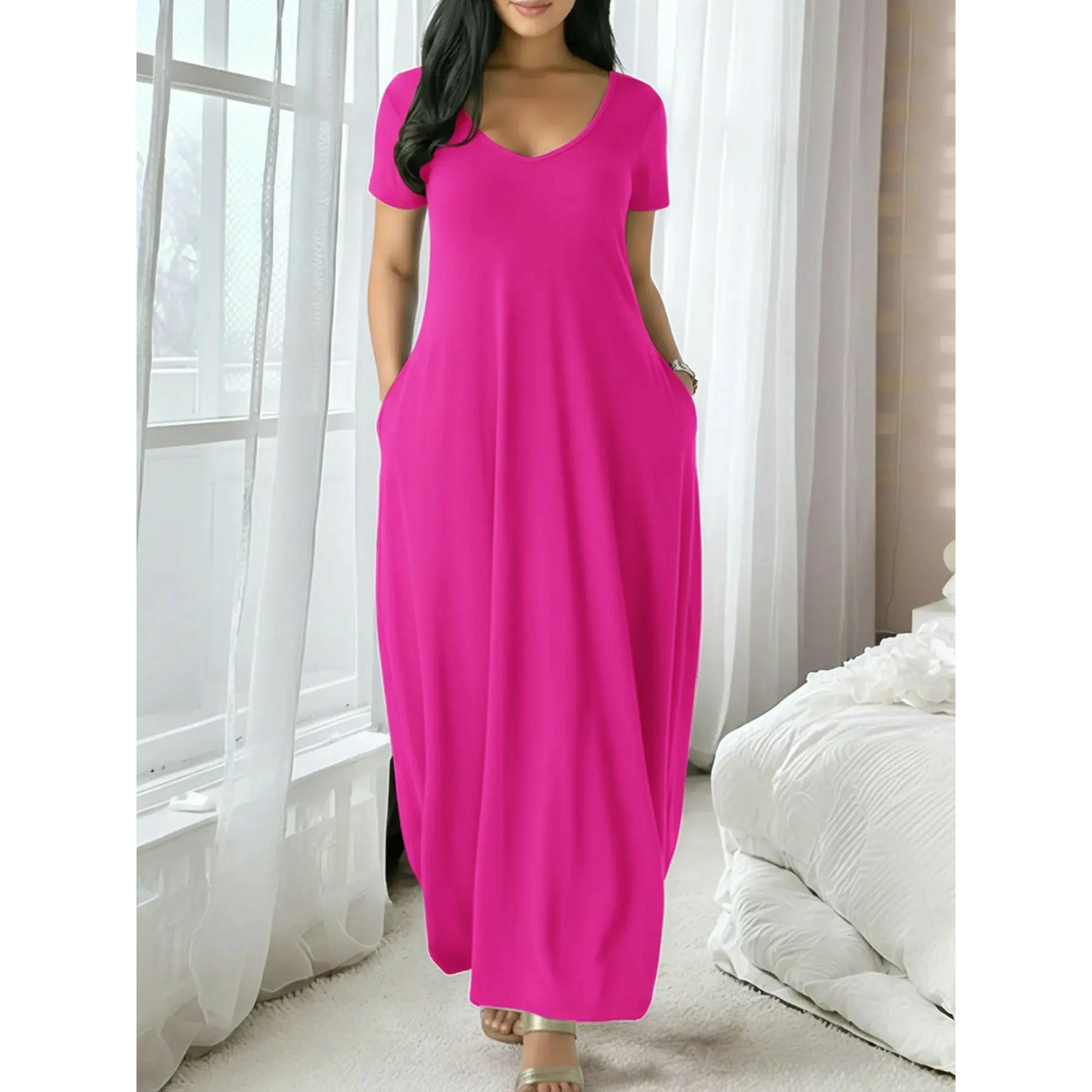 Women's Soft Fitted Lounge Dress with Pockets – Short Sleeve Casual Sleepwear