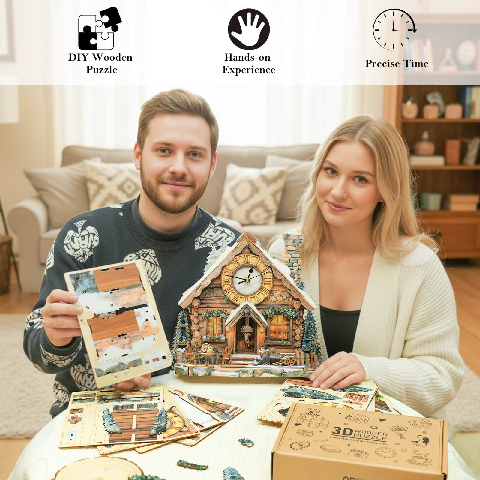 Swiss Chalet â€“ DIY Wooden Clock, 3D Puzzle Craft Kit