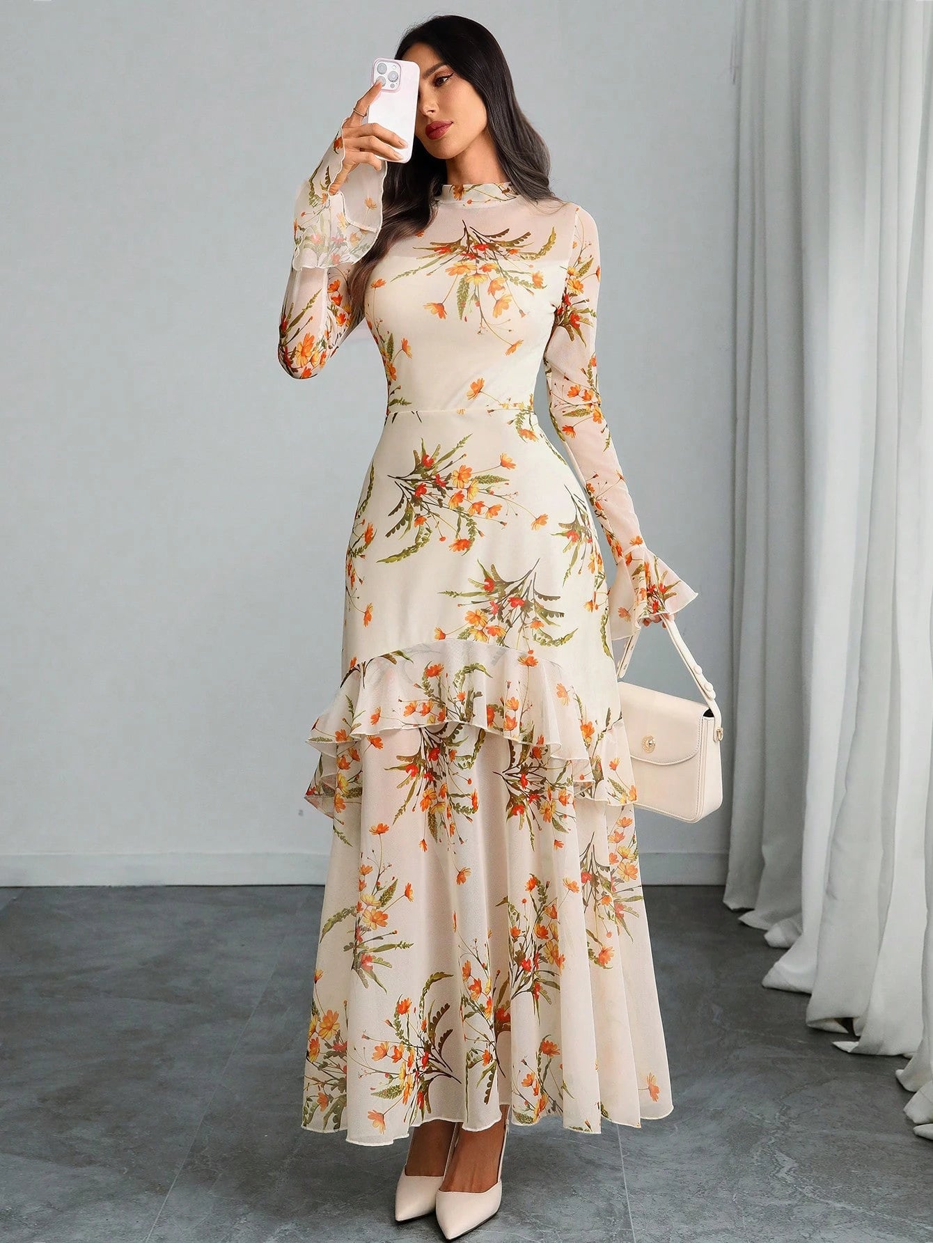 Women's Gothic Elegant Sexy Mesh Splicing Colorful Print Retro Petal Sleeves Ruffle Mermaid Hem Double Layer Dress